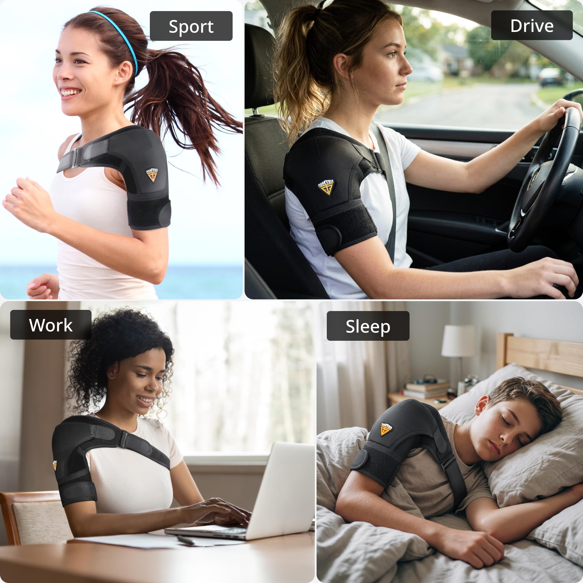 FIGHTECH Manguito rotador de hombro para mujeres y hombres, 4 tamaños, soporte de hombro, alivio del dolor, negro, talla XS pequeña (pecho 30-32 pulgadas, bíceps 7-9 pulgadas)