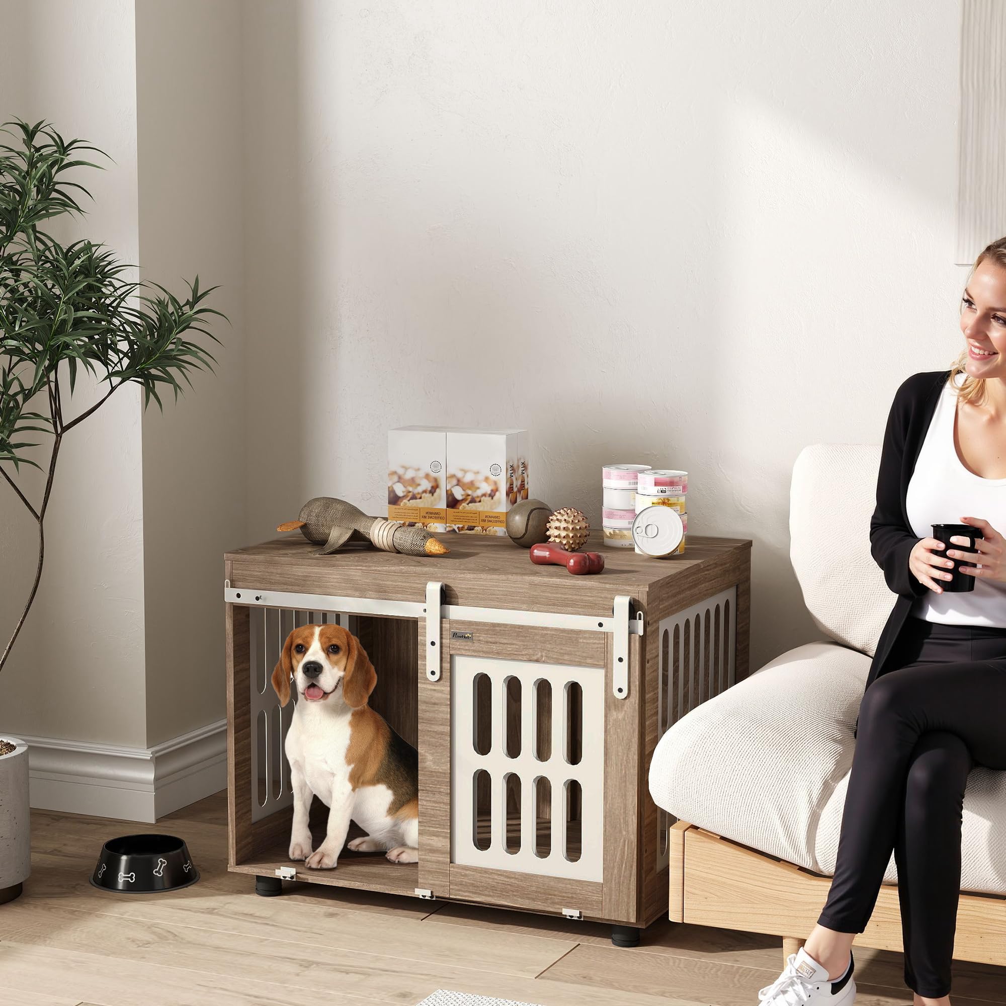 PawHut Jaula para Perros con Puerta corredera, caseta para Perros de tamaño Mediano, Buena ventilación, Mesa Lateral con Patas Ajustables, 80 x 59 x 63 cm, Nogal