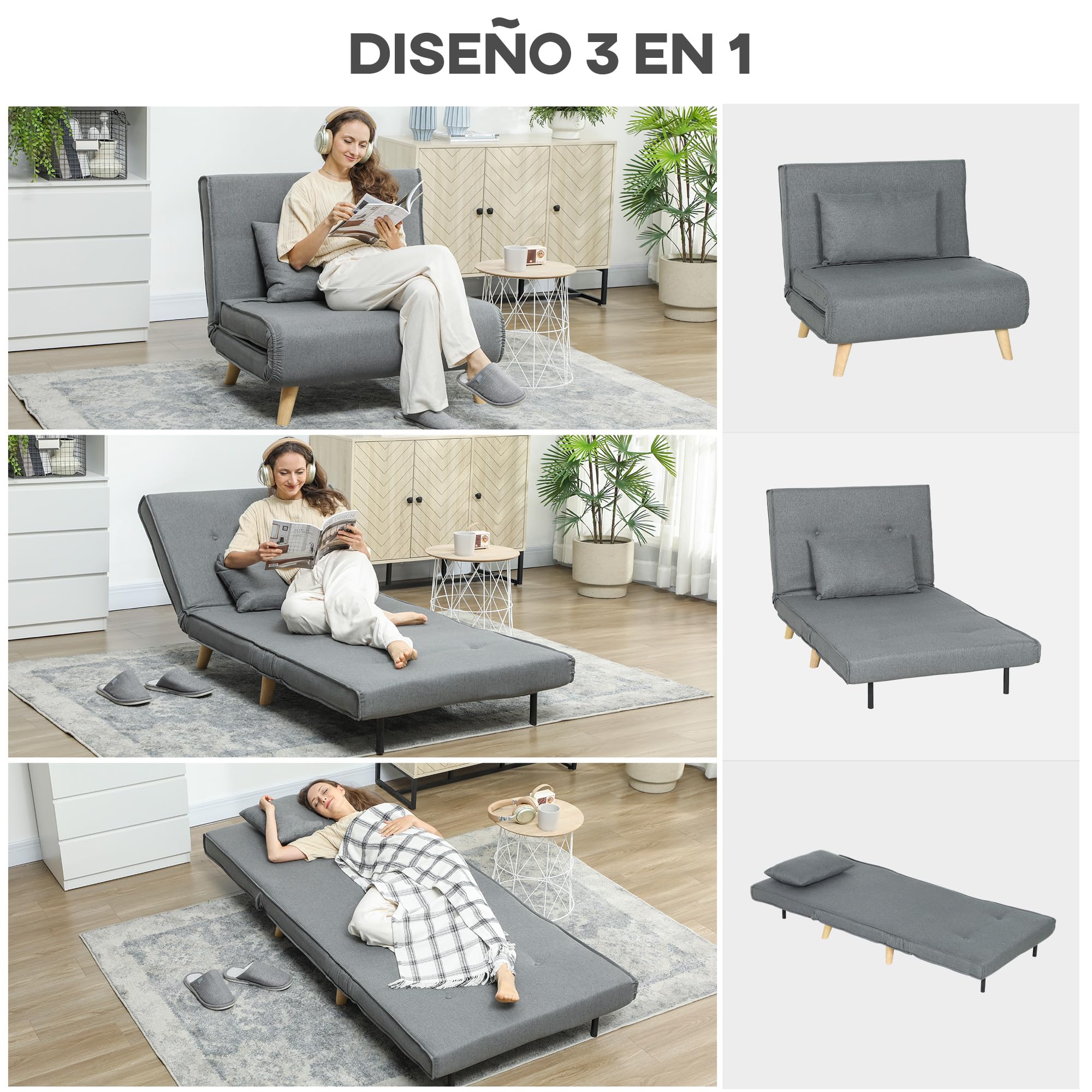 HOMCOM Sofá Cama de 1 Plaza 3 en 1, Sillón Cama Plegable Tapizado en Lino Sintético, con Respaldo Ajustable en 6 Niveles, Almohada, Asiento Ancho, Patas de Madera, 90x78x79 cm, Gris