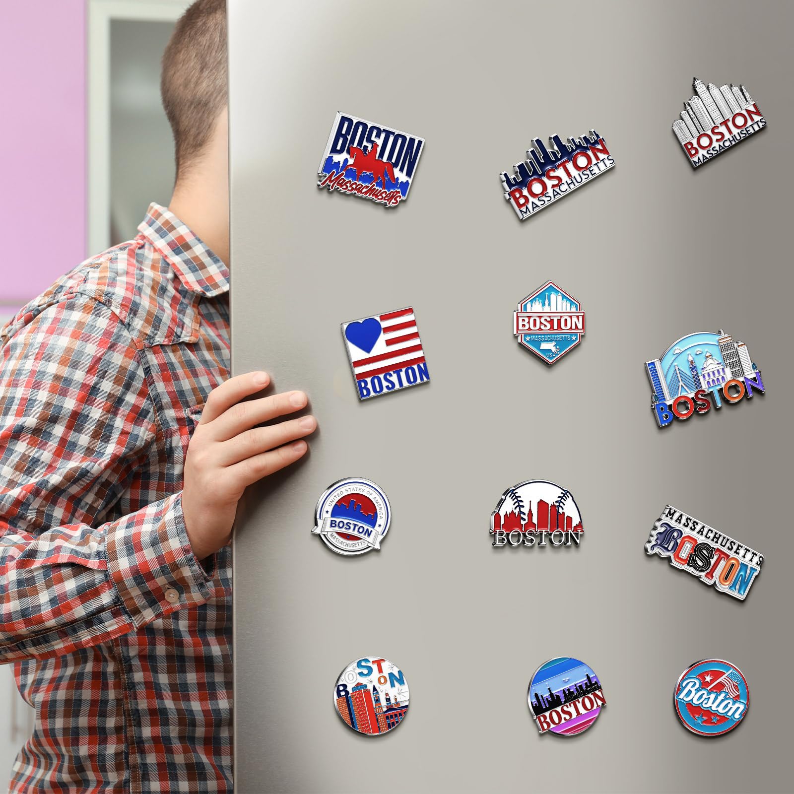 Konohan 12 Pcs Boston Magnets for Refrigerator Metal USA Fridge Magnet Magnetic Boston Souvenirs Gifts USA State Magnetic Refrigerator Stickers, Massachusetts, Baseball