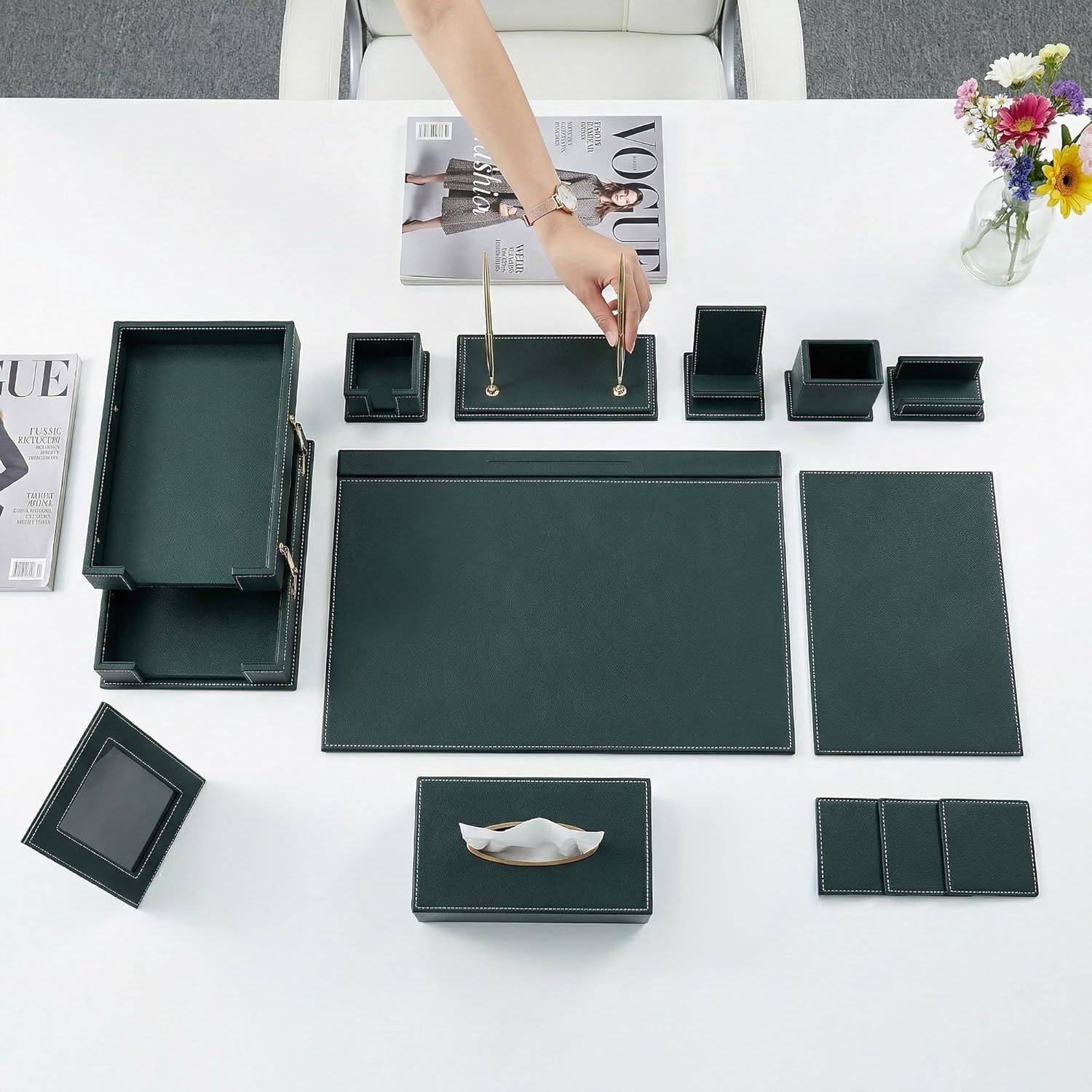 Leather Desk Set, 15-Piece Leather Desk Organizer, Executive Desk Organizer with Desk Pad & Blotter, 2-Tier Tray, Pen Holder, Office Accessories, Executive Desk Accessories(Green)