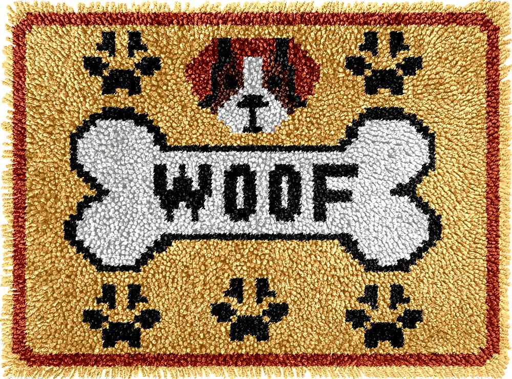 Woof Dog Bone Latch Hook Kits for Adults Kids Beginners Cute Letters Latch Hook Rug Kit Pre-Printed Hook and Latch Carpet Making Kits Cross-Stitch DIY Wall Hanging Crochet Set 20x15 in
