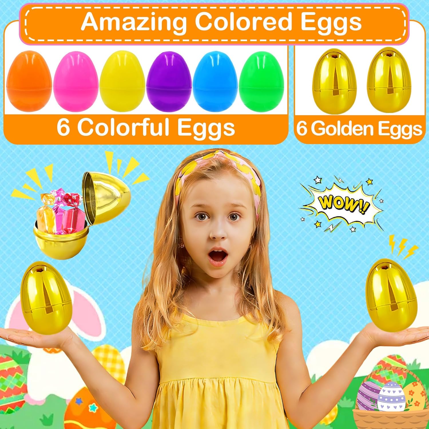 200 PCS Easter Eggs，Plastic 3" Bright Colorful Eggs with Golden Eggs, Easter Egg Fillers for Easter Egg Hunt, Candy Filling, Party Decorations and Kids Gifts