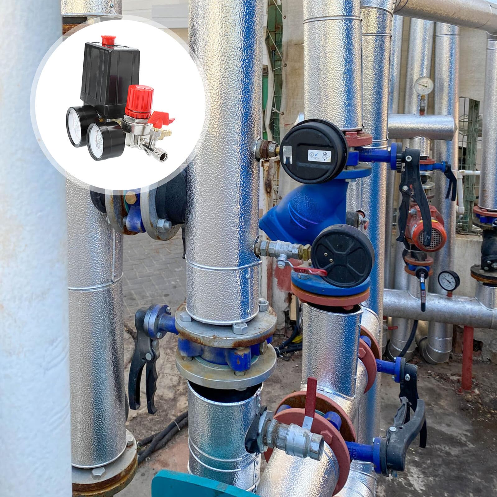 Conjunto de Regulador de Presión para Compresor de Aire Válvula de Control de Cuatro Puertos Barómetro Incorporado y Ajuste de Presión Compatible Compresores Pequeños y Ahorro