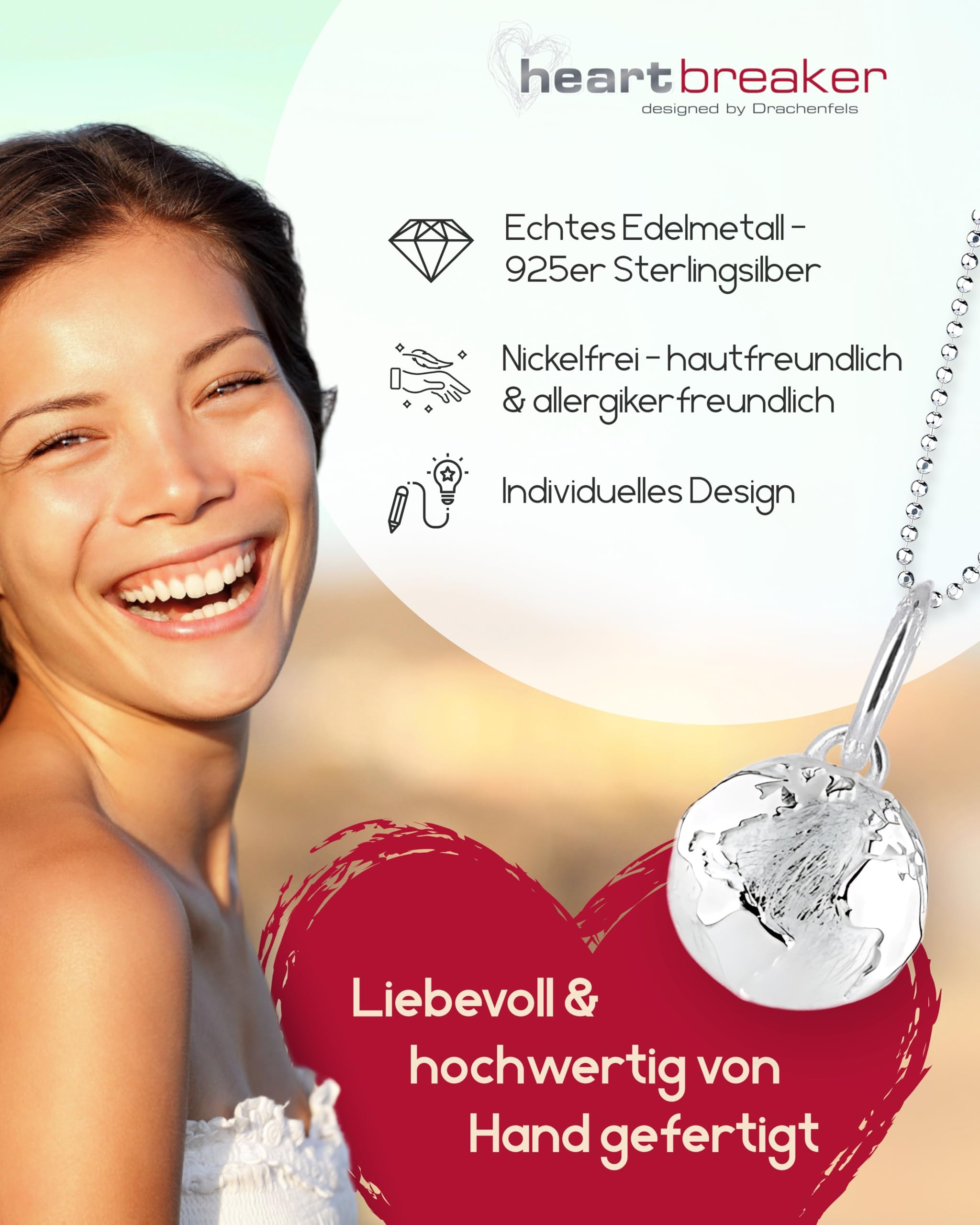 Heartbreaker Weltenbummler Anhänger klein I Edler Weltkugel-Schmuck aus 925 Sterling Silber I Nickelfreier Globus-Charm in Goldschmiedequalität I Welt-Schmuckanhänger inkl. Verpackung I LD WB 32