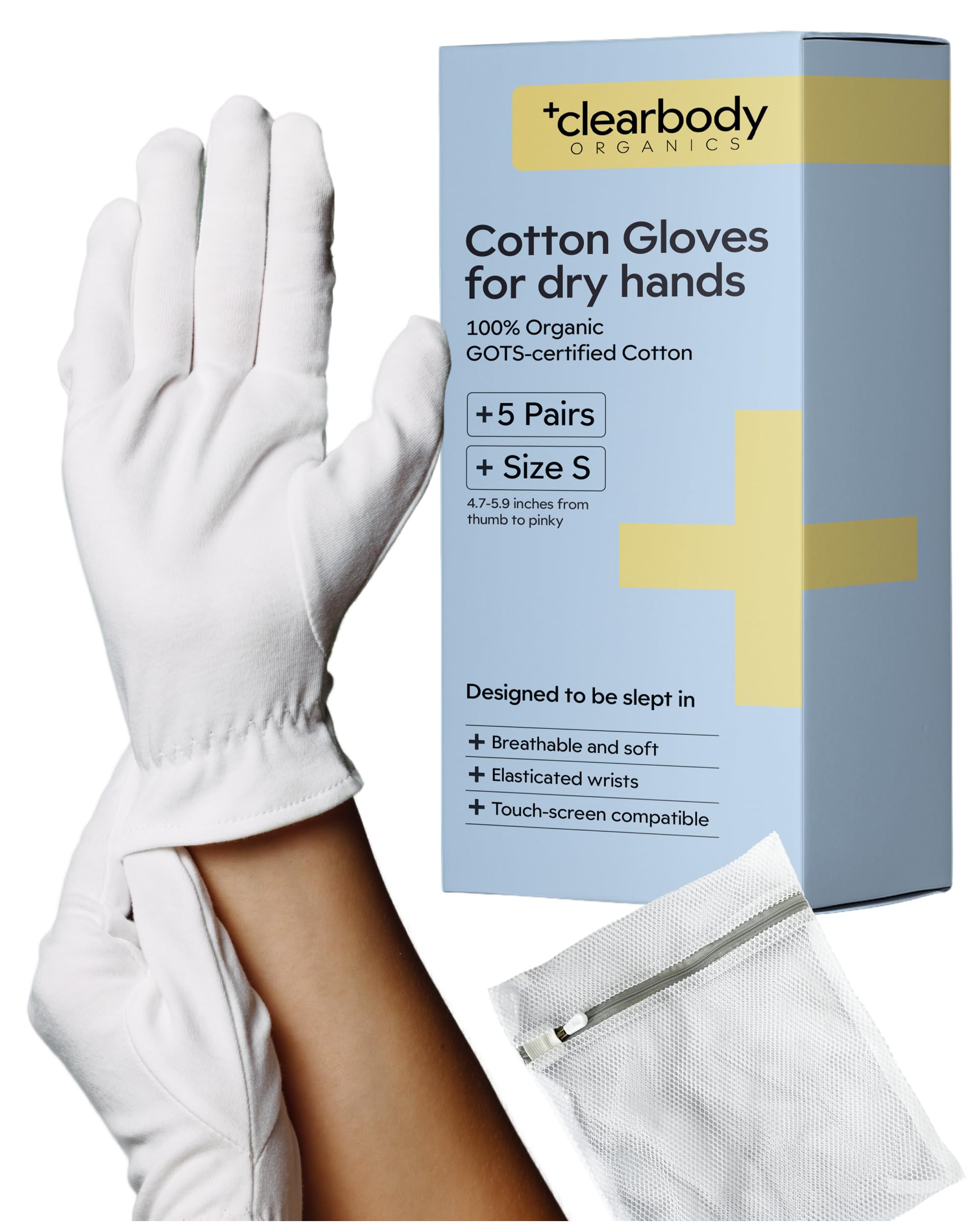 Clearbody Organics 100% Organic Cotton Gloves - 5 Pairs 10 Pc, Small, White - Moisture Lock & Moisturizing Gloves Overnight - Versatile Cotton Hand Liners