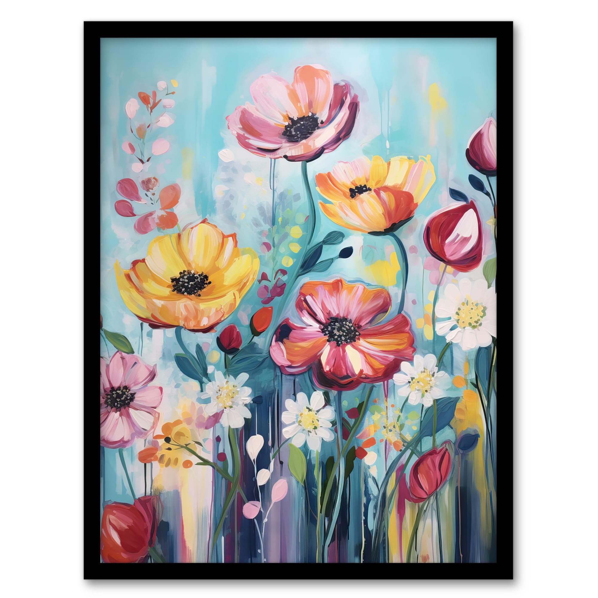 Artery8 Teal Pink Yellow Flowers Elegant Watercolour Artwork Wildflower Meadow Artwork Framed Wall Art Print 18X24 Inch