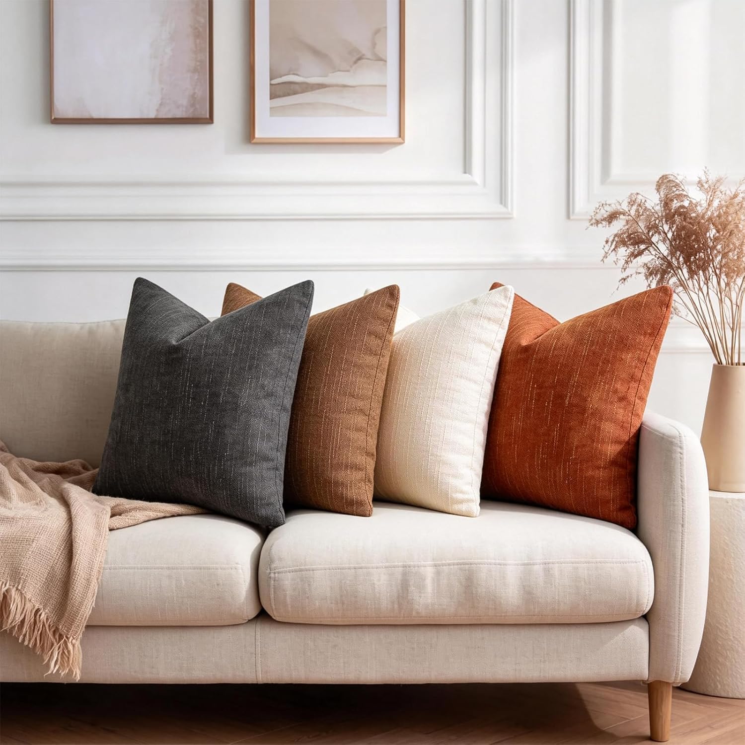 Fall Color Throw Pillow Covers 16x16 Set of 4, Textured Faux Linen Couch Pillow Covers, Square Accent Solid Cushion Cases for Sofa Bed Living Room Farmhouse Home Decor