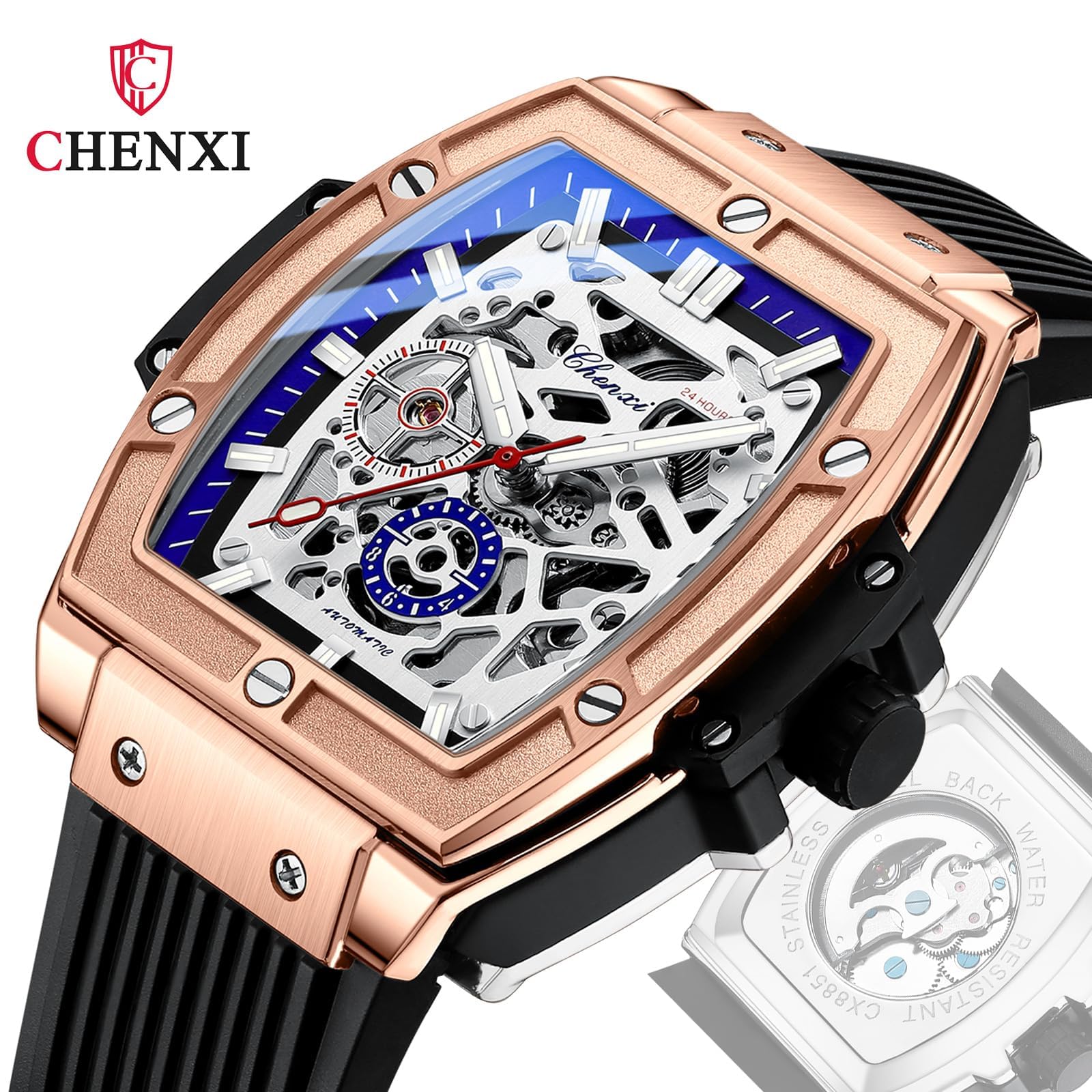 Reloj cuadrado cuadrado mecánico automático de alta calidad con cinta de silicona hueca impermeable y luminoso para hombre, Oro Rosa, Negocios