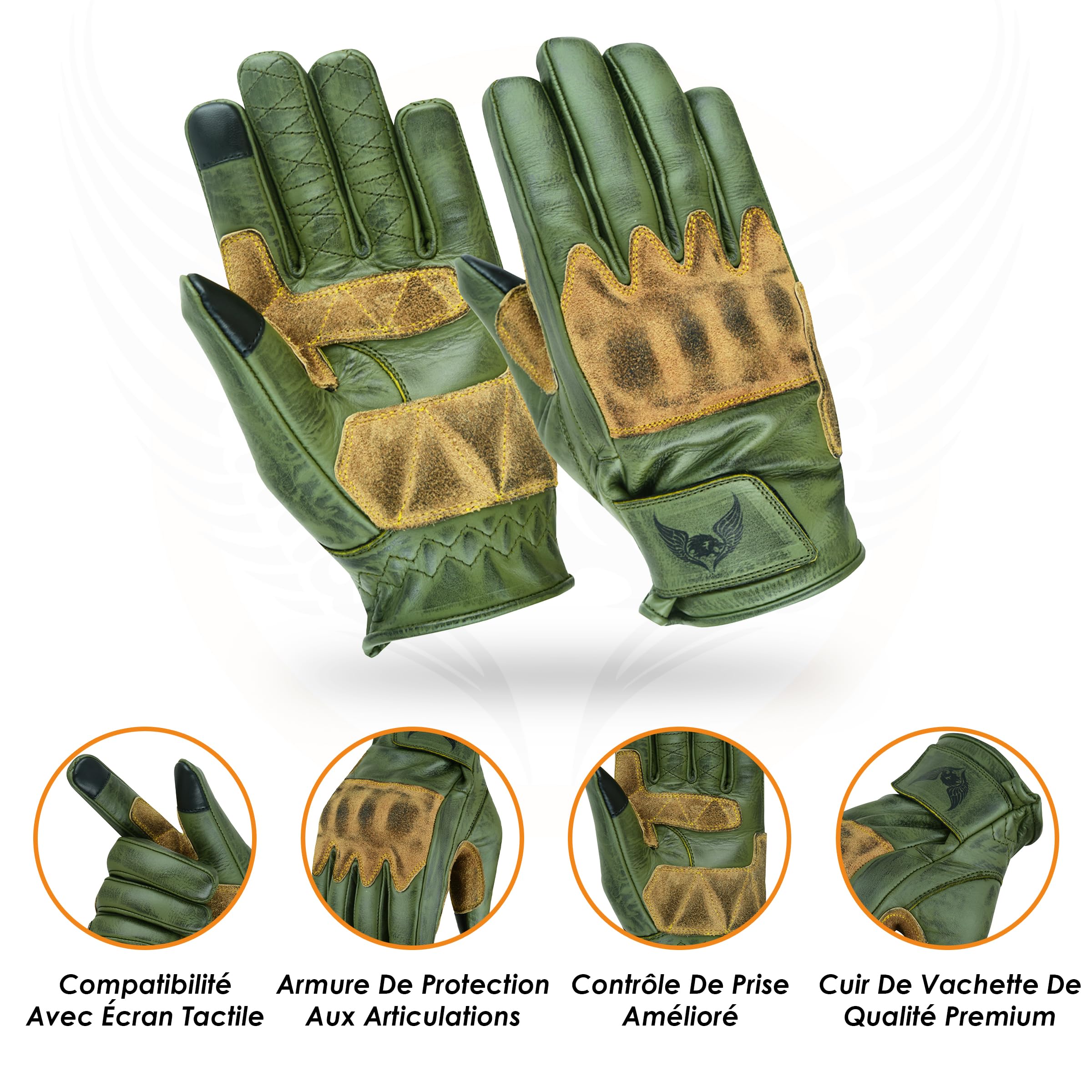 Leatherick Gants de Moto en Cuir de Vachette pour Homme – Gants de Moto durables, compatibles avec Les écrans tactiles et certifiés CE.