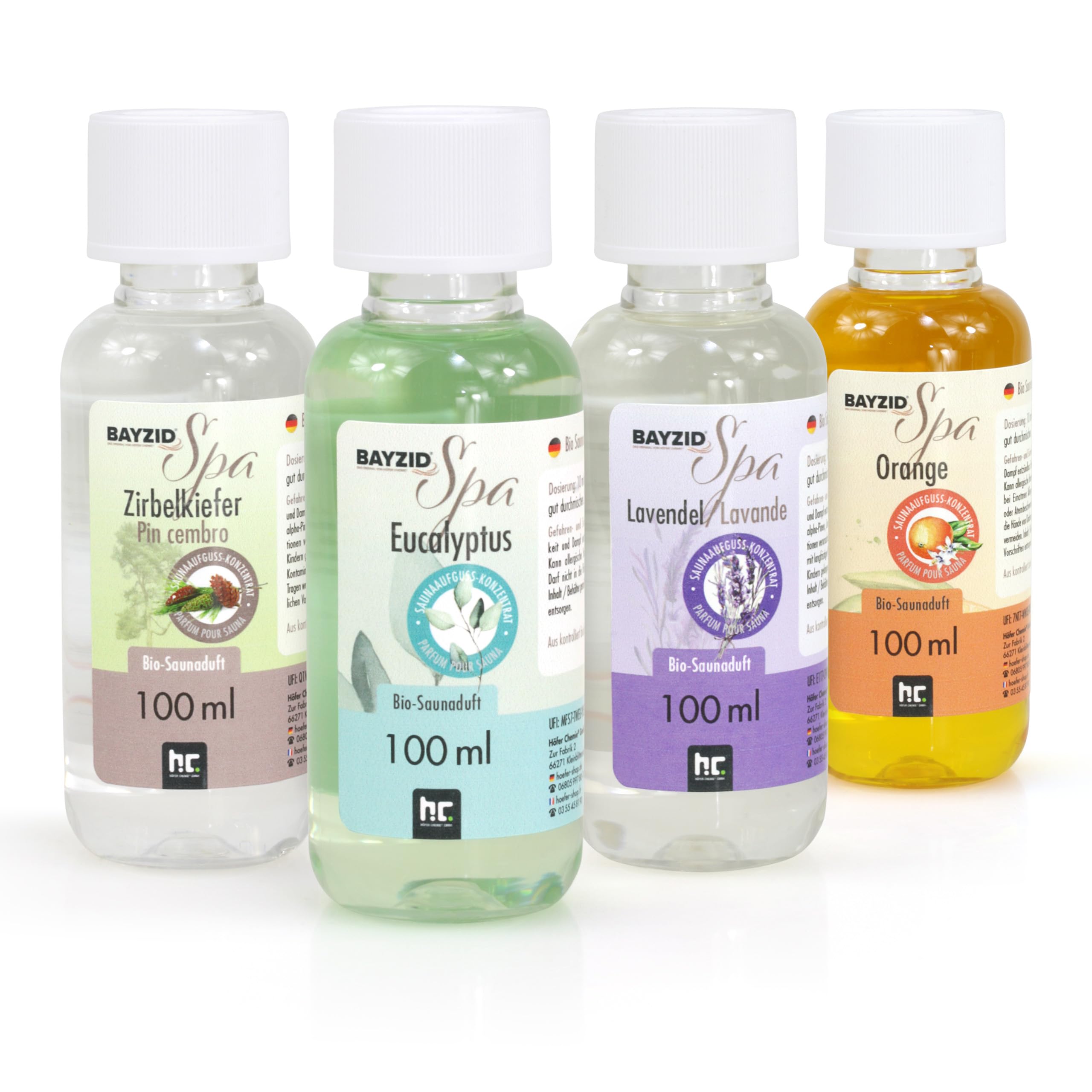 BAYZID® SPA Set de parfums bio pour sauna 4x100ml - différents concentrés de parfums pour sauna - pour le bien-être et la détente
