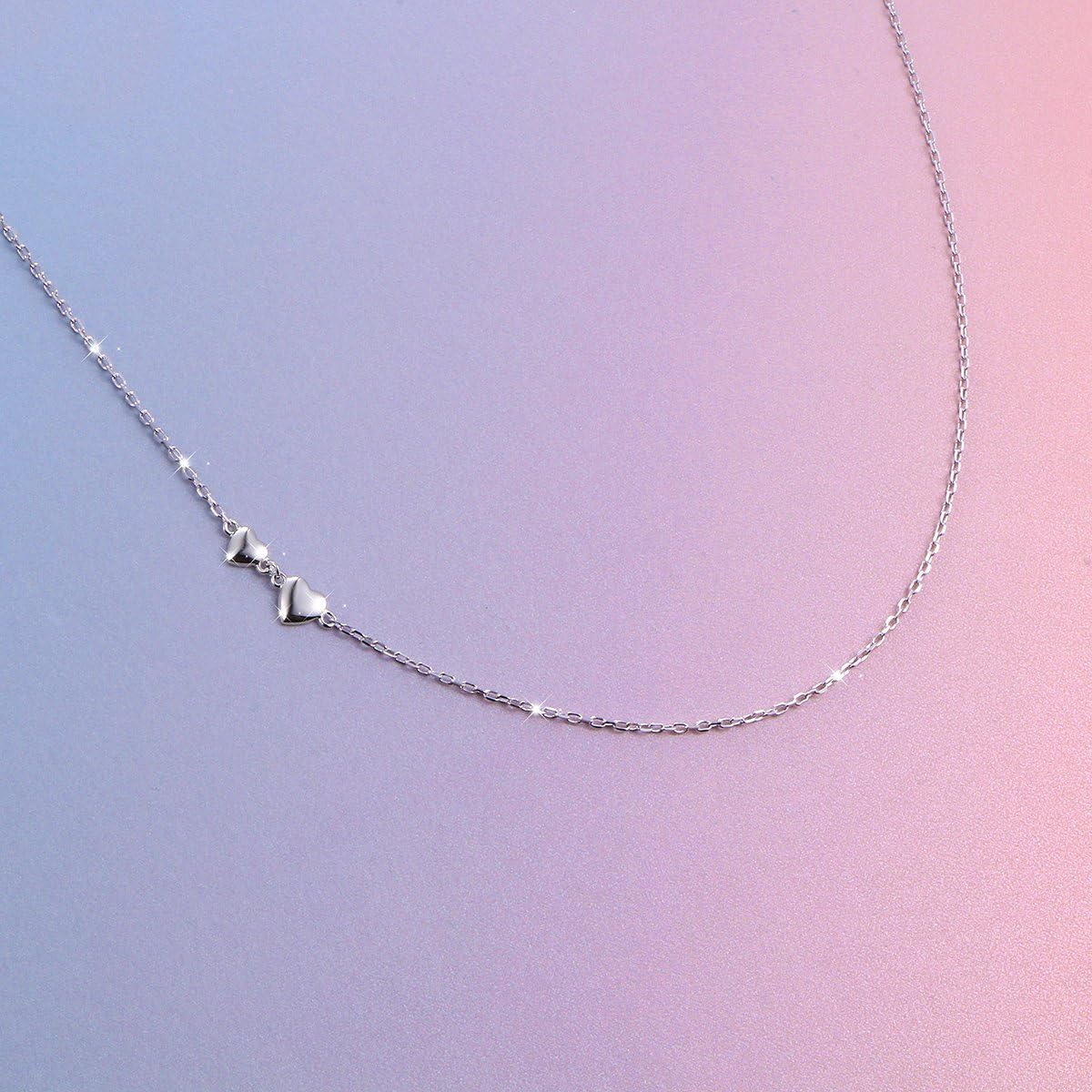 DAOCHONG S925 Sterling Silver Jewelry Tiny Delicate Sideways Double Forever Love Heart Choker Necklace, 16+2" - Image 4