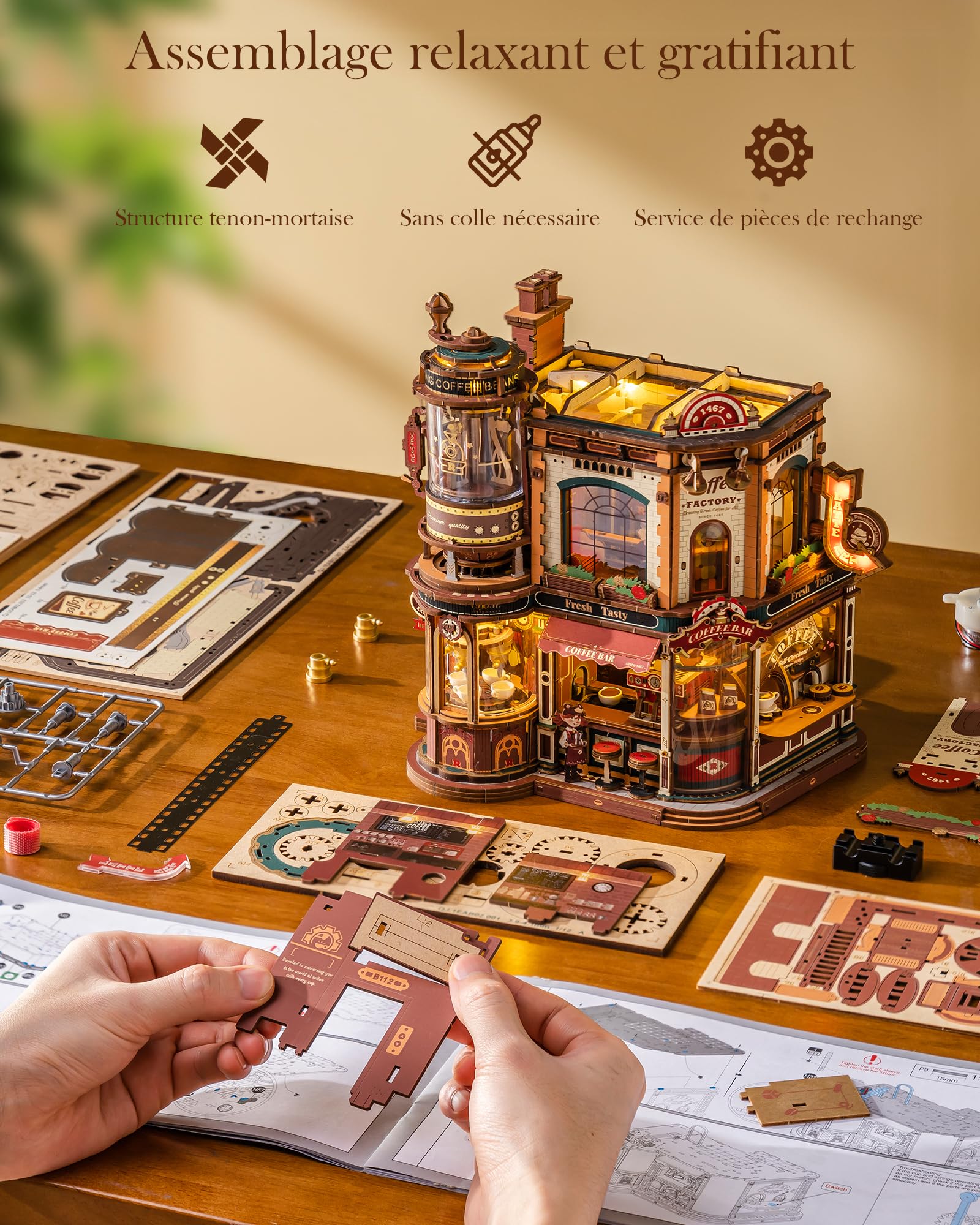 ROBOTIME Puzzle 3D en Bois pour Adultes à Construire – Dream Coffe Factory, Kit de Construction Miniature avec Musique, Lumières et Scènes Animées, Maison Miniature/Book Nook Café EAB02