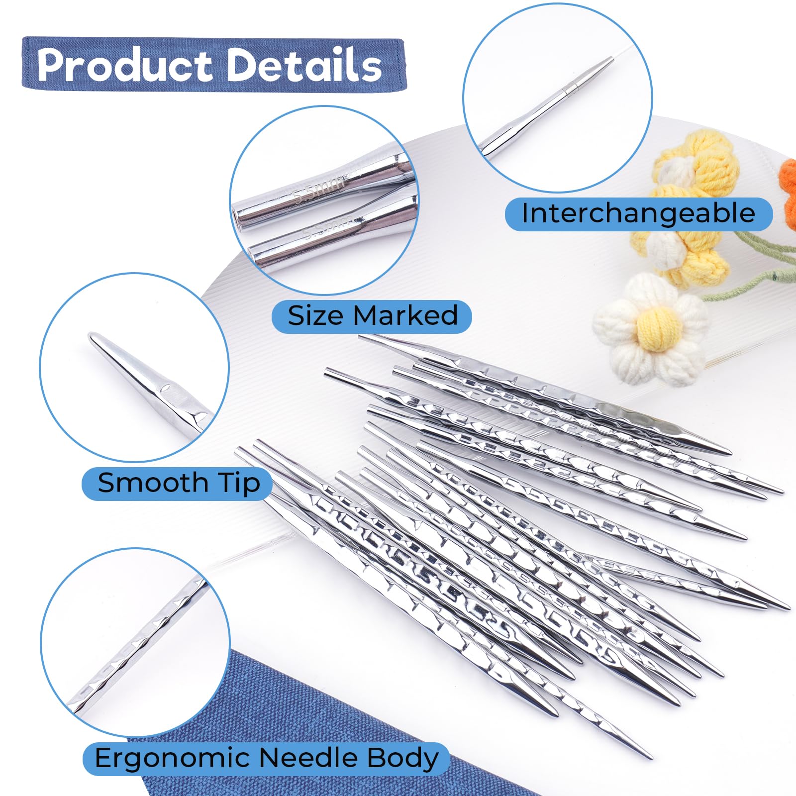 BsHooker Austauschbares quadratisches Stricknadel-Set mit Etui, 3,5 mm - 8 mm | 8 Paar runde Aluminium-Stricknadeln, 4 Kabel, ergonomisches Nadel-Set