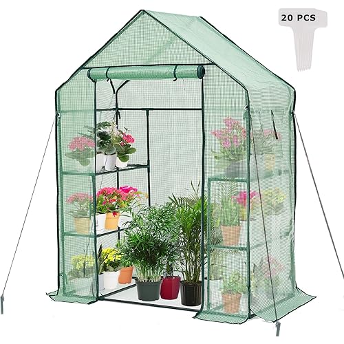 Purlyu Walk-in Greenhouse for Outdoors w/ Mesh Side Windows, 3 Tiers 4 Shelves PE Cover Warm House 20 Pcs T-Type Plant Tags Include，4.8x2.5x6.4 FT(GHW001G)