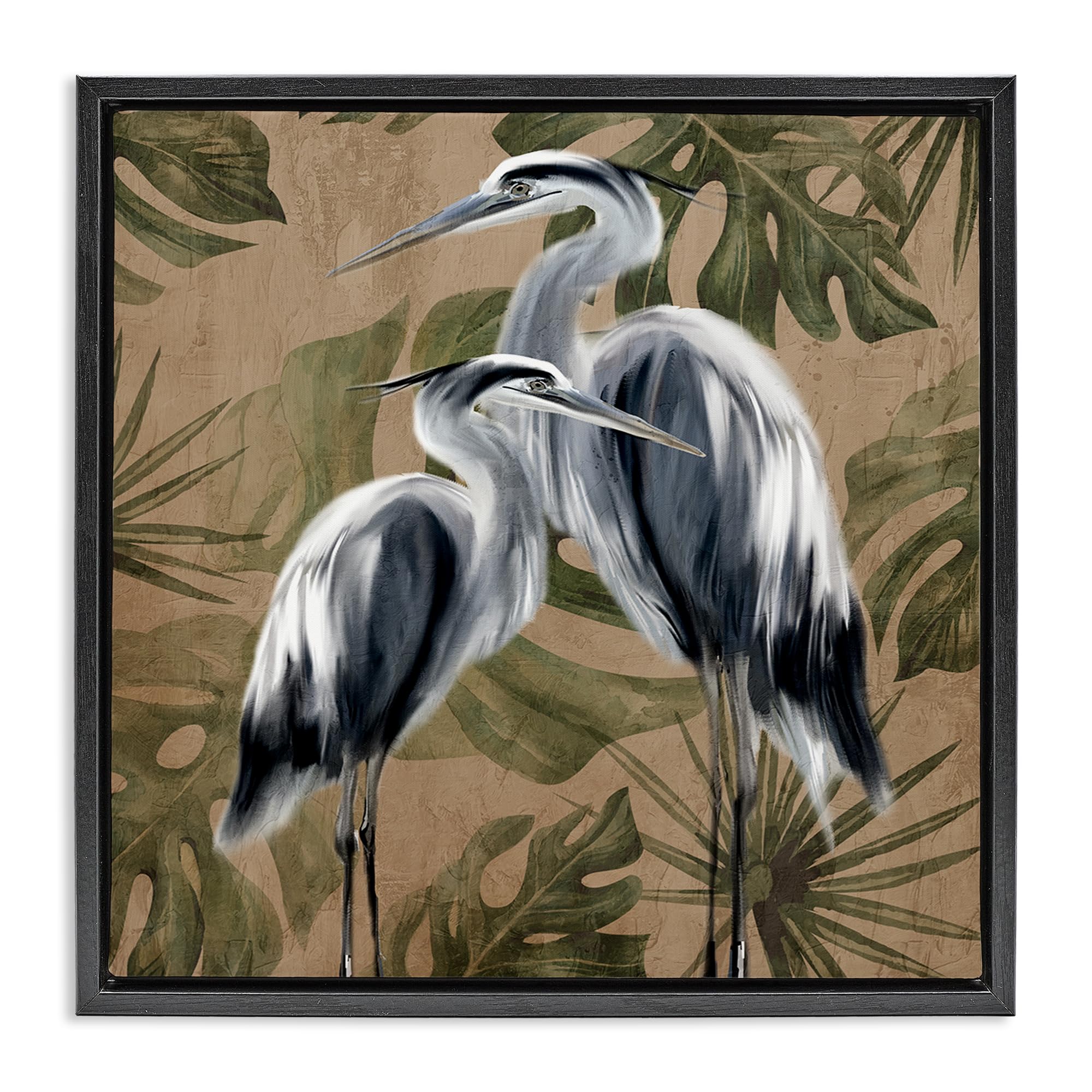 Stupell Industries 'Two Herons over Tropical Leaves', Floating Frame Canvas Art, Black, 25 x 25 Inches, Easy to Hang and Sturdy, Made in USA, by Kim Allen