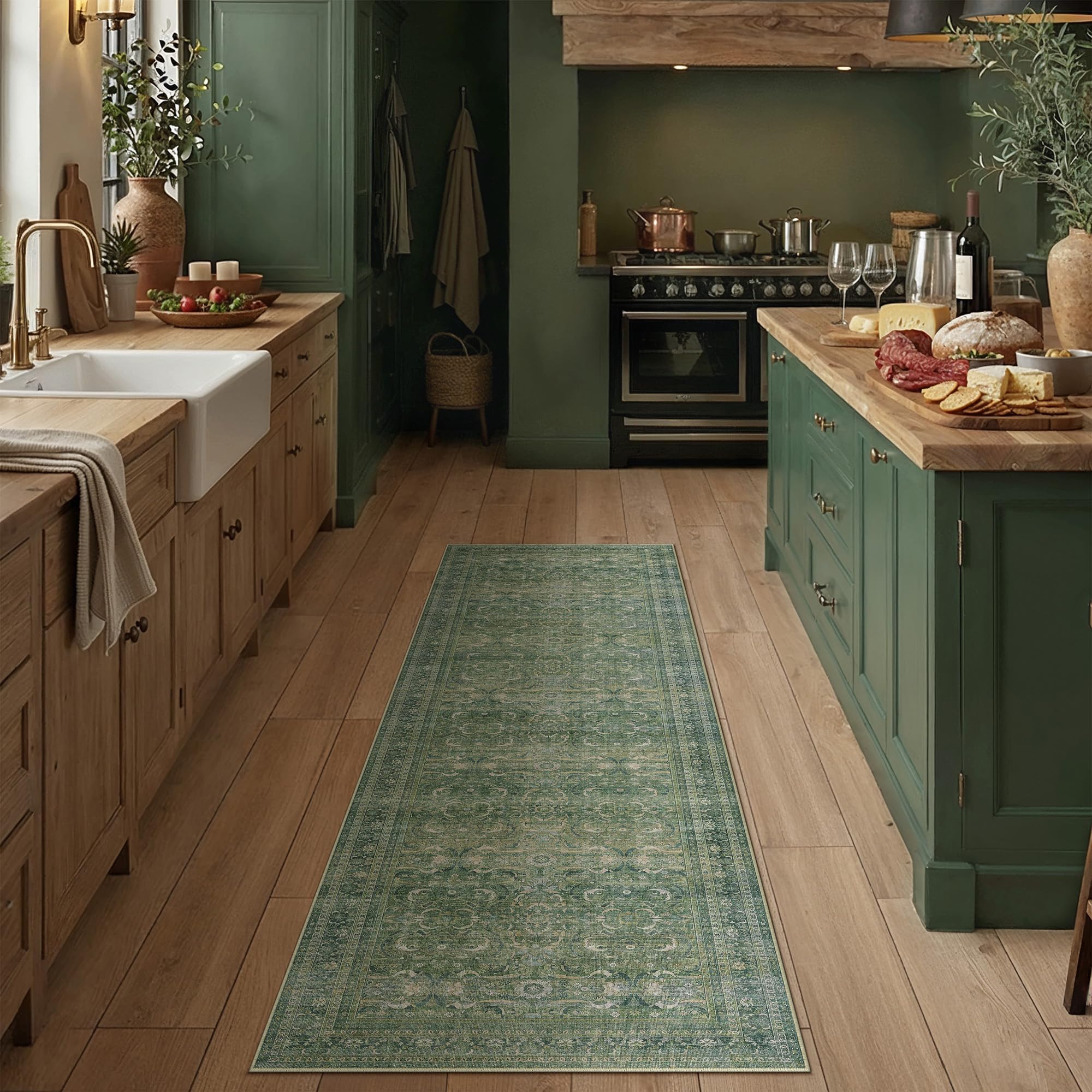 PureCozy Green Hallway Runner Rugs 60x180cm Washable Vintage Carpet — image 1