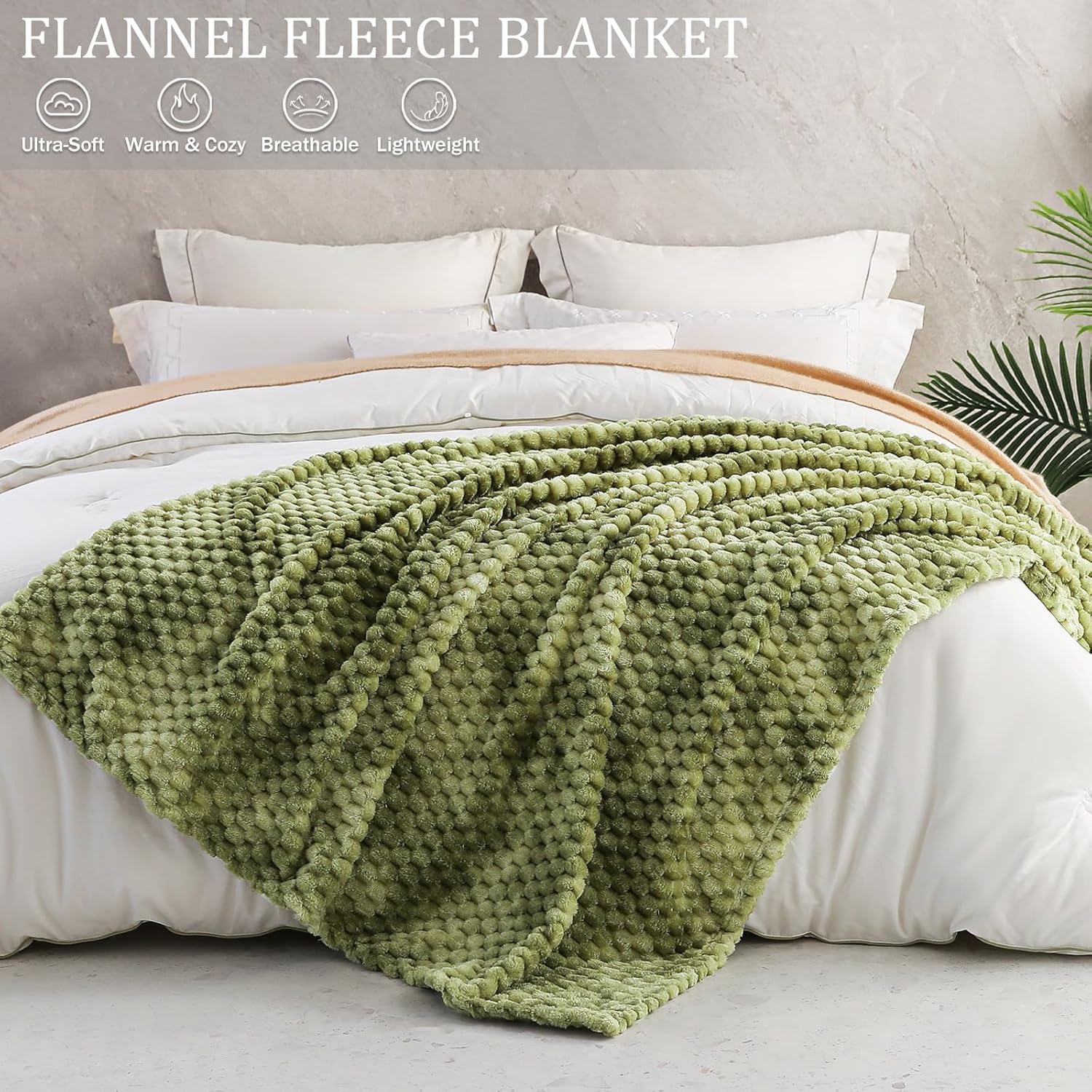 Exclusivo Mezcla Fleece Queen Blanket for Bed, Extra Large Fuzzy Tie-dye Olive Green Bed Blankets, Soft Cozy Plush Sofa Throws for All Seasons, 90x90 Inches - Image 3
