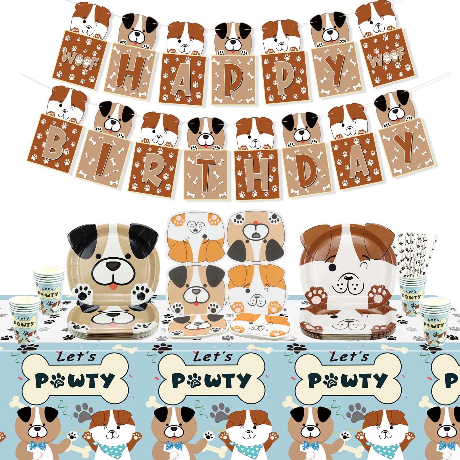 Dog Theme Party Decorations, Includes Happy Birthday Banner, Paper Plates, Let's Pawty Tablecloth, Napkins, and Cups for Kids Birthday Party Decorations, Puppy Theme Party Supplies, Serves 20 Guests