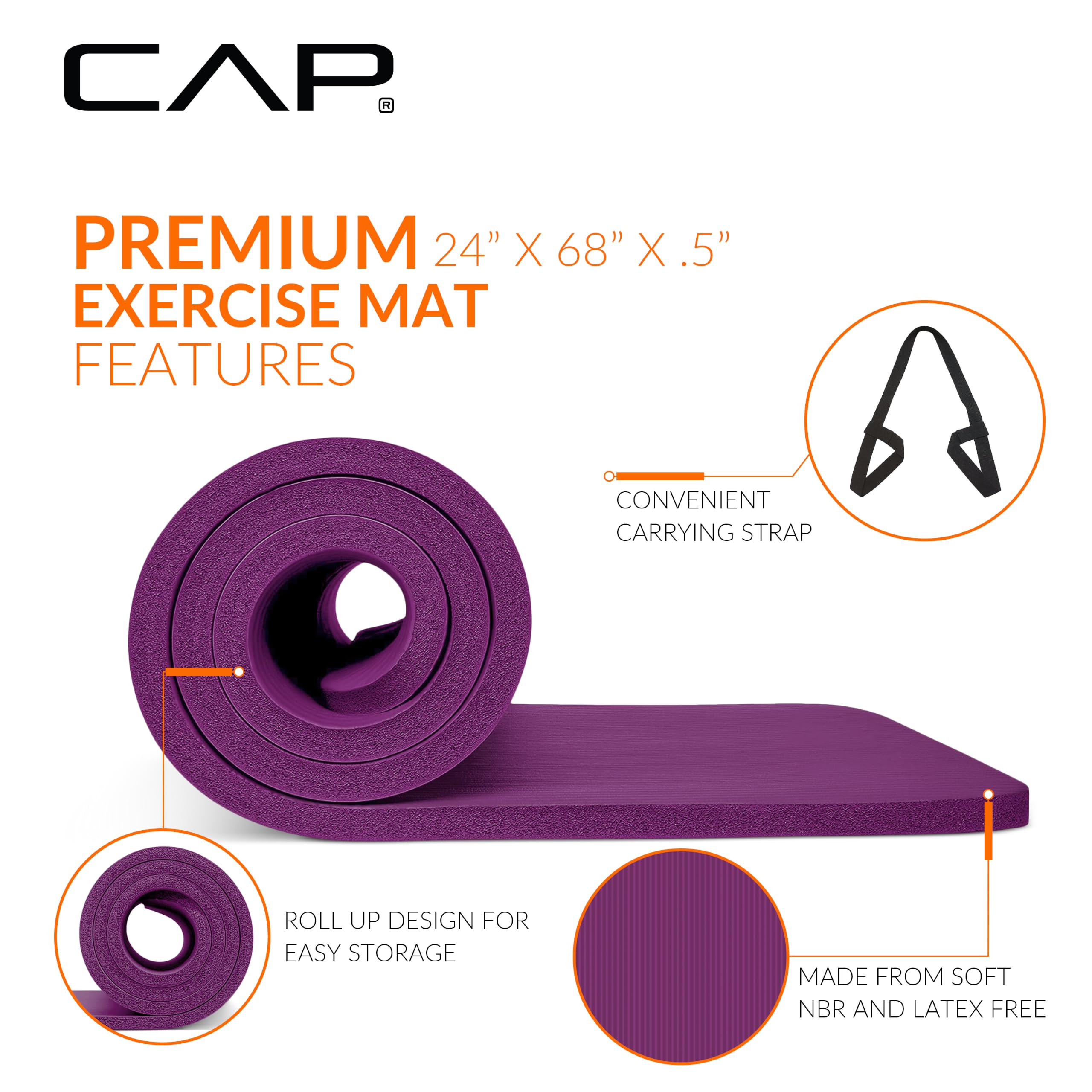CAP 1/2" Thick Yoga Mat, Exercise & Workout Mat with Strap, Wine view 3