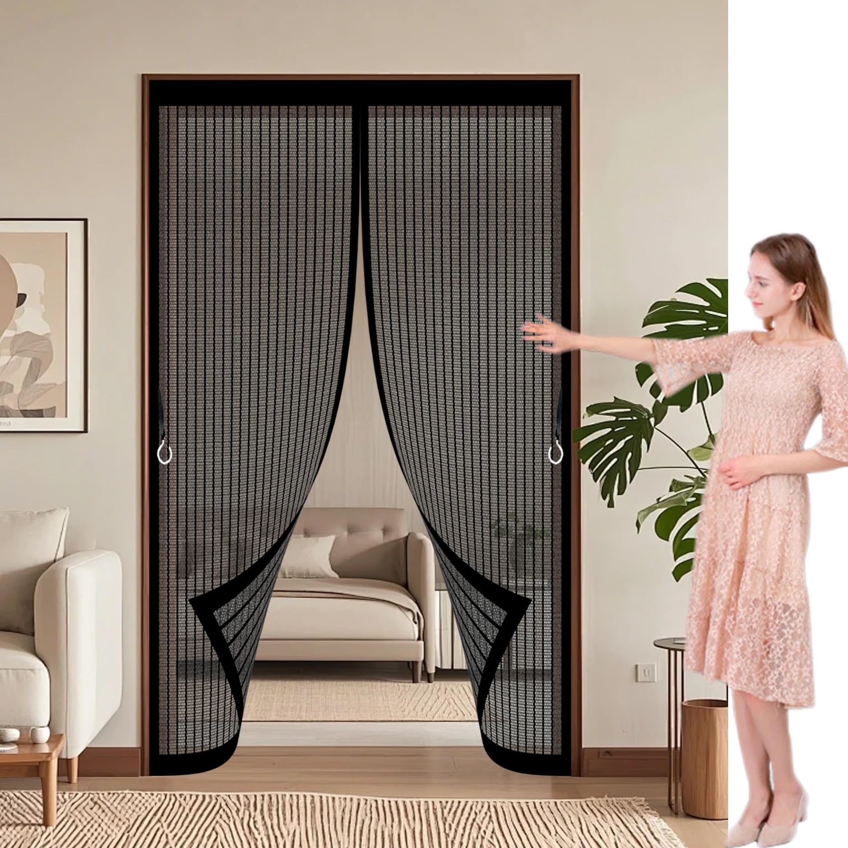 Xueqxue Black Magnetic Screen Door 145 X 145 Cm Automatically Close, No Gap, Easy To Install Without Drilling, Keep Bugs Out Lets Fresh Air In Mosquito Double Door For Patio Doors Balcony,