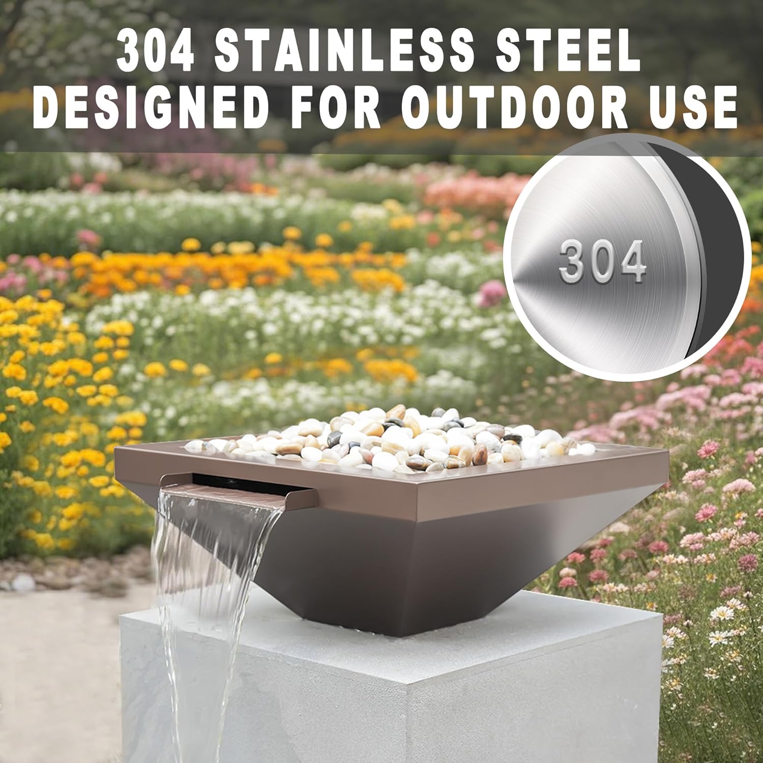 Stainless Steel Water Bowl - Antique Brown Patina, Modern Water Feature & Planter for Pool, Fountain, or Garden (Inverted Trapezoid)