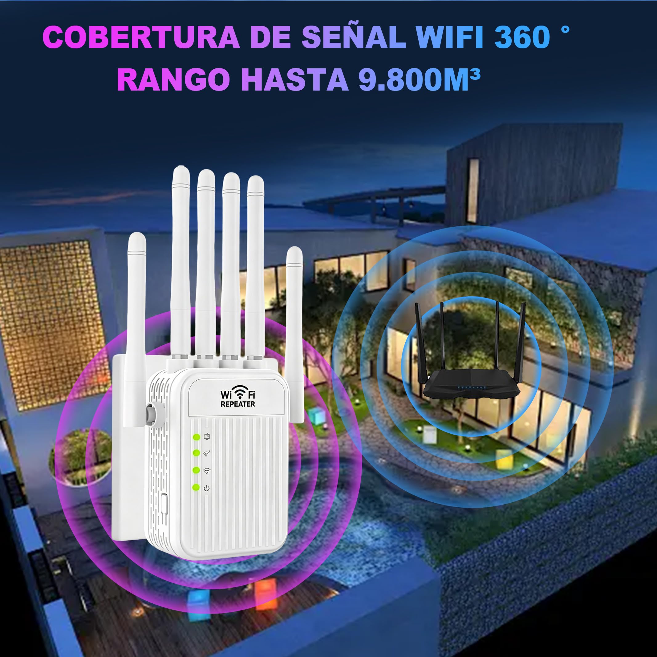 Amplificador Señal WiFi 5G / 2.4G Repetidor WiFi Largo Alcance, WiFi Extender con 6 Antenas de Alta Ganancia,2 Puerto LAN,Extensor de WiFi para casa y Oficina, Fácil de Instalar