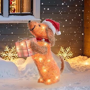 GENIMO Outdoor Dog Christmas Decorations, 24 Inch Outdoor Lighted Holiday Dog Hug Gift Box Decor with 50 Warm Bright Lights, Indoor Outside Decoration for Front Porch Lawn Yard Home Garden Display