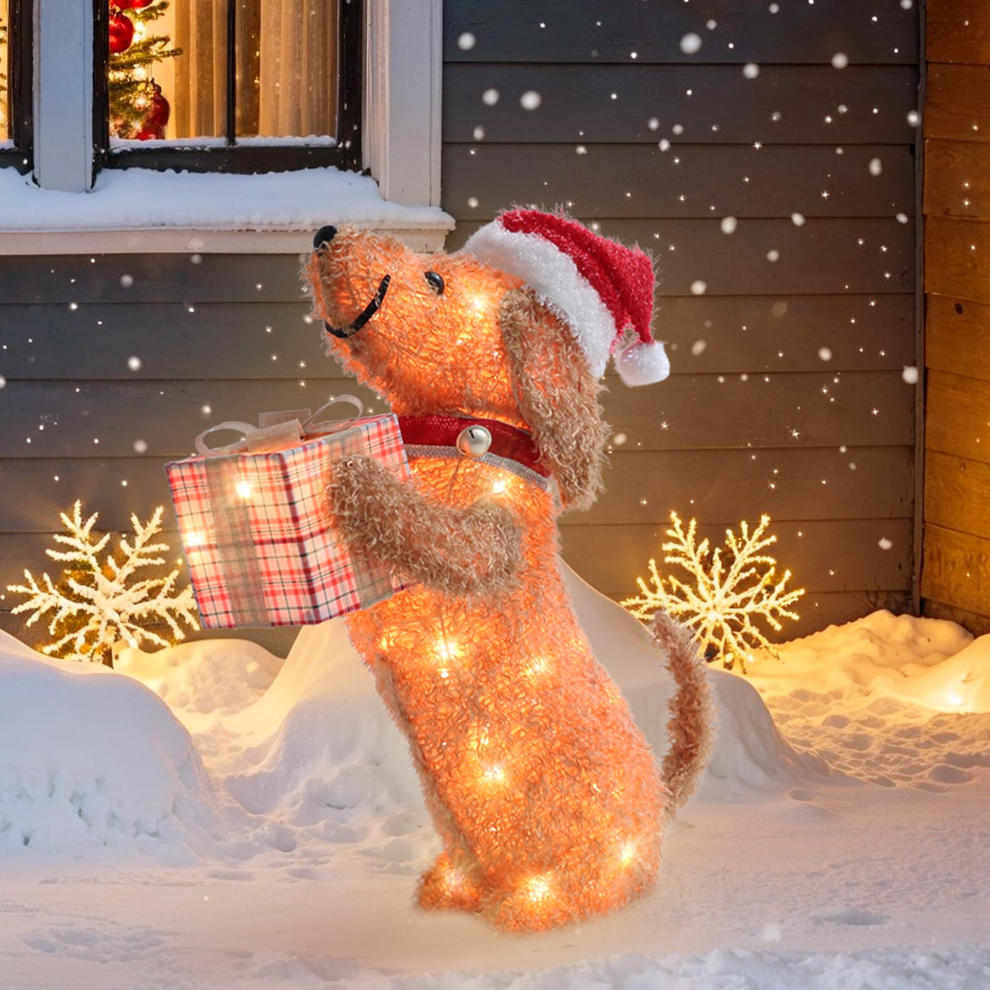 Décorations de Noël d'extérieur pour chien 61 cm boîte cadeau lumineuse jardin