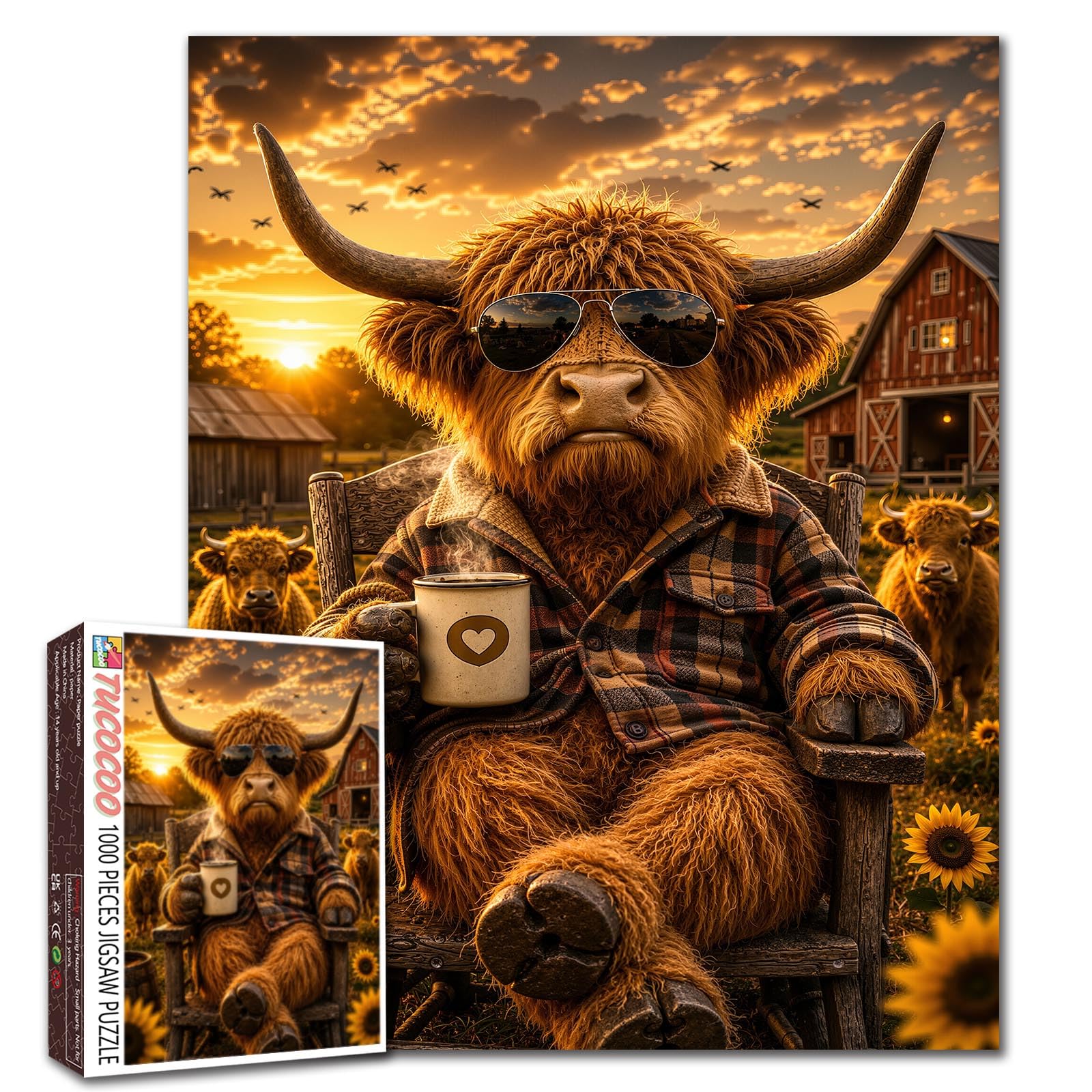 Highland Cow Jigsaw Puzzles for Adults 1000 Pieces Sunset Scene DIY Puzzles for Family Activity Games Western Farms Art Jigsaw Puzzles Home Wall Decor Craft Gifts 19.7 x 27.6 Inch