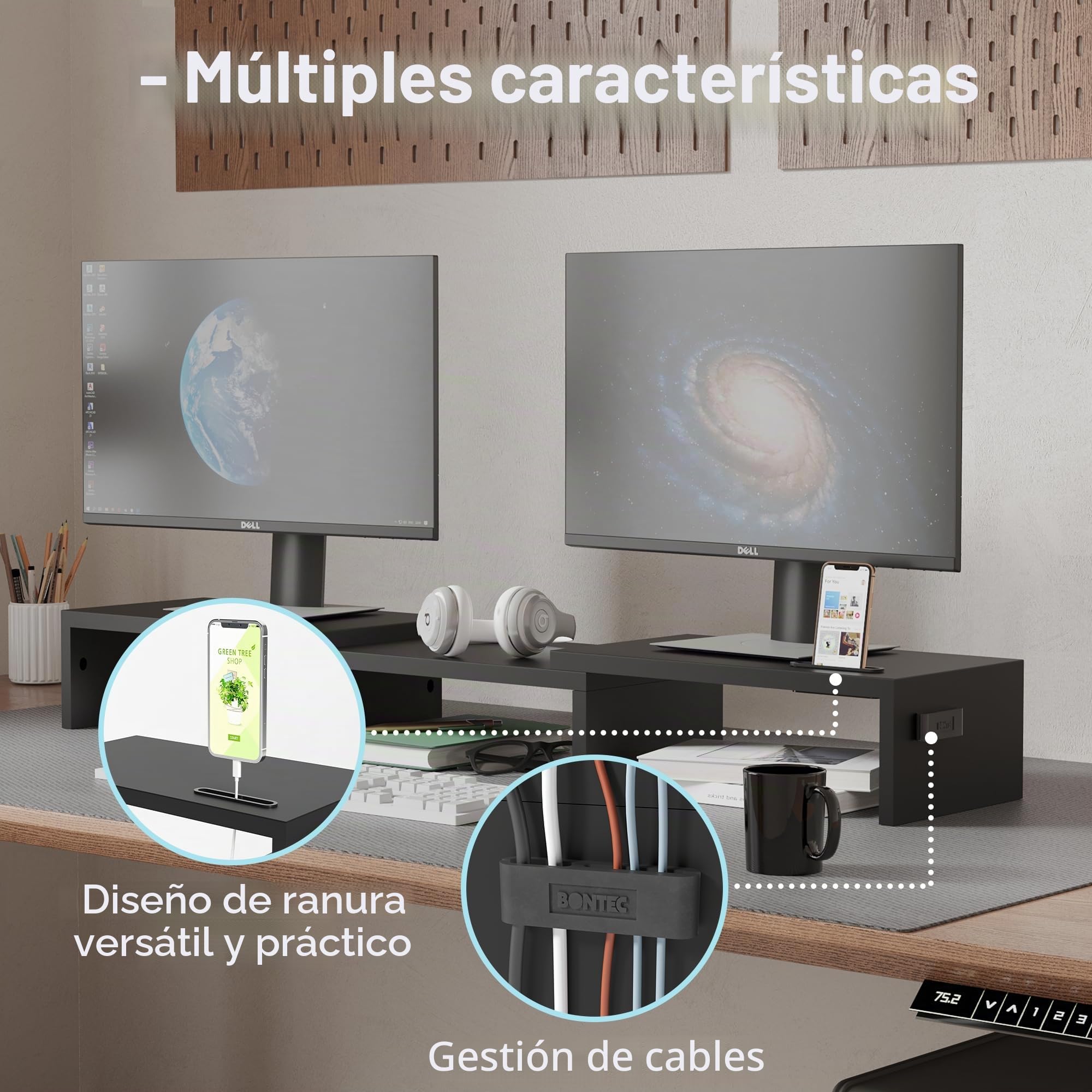 BONTEC Elevador Monitor de Madera para Doble Monitor, Soporte Giratorio Ajustable con Soporte para Smartphone