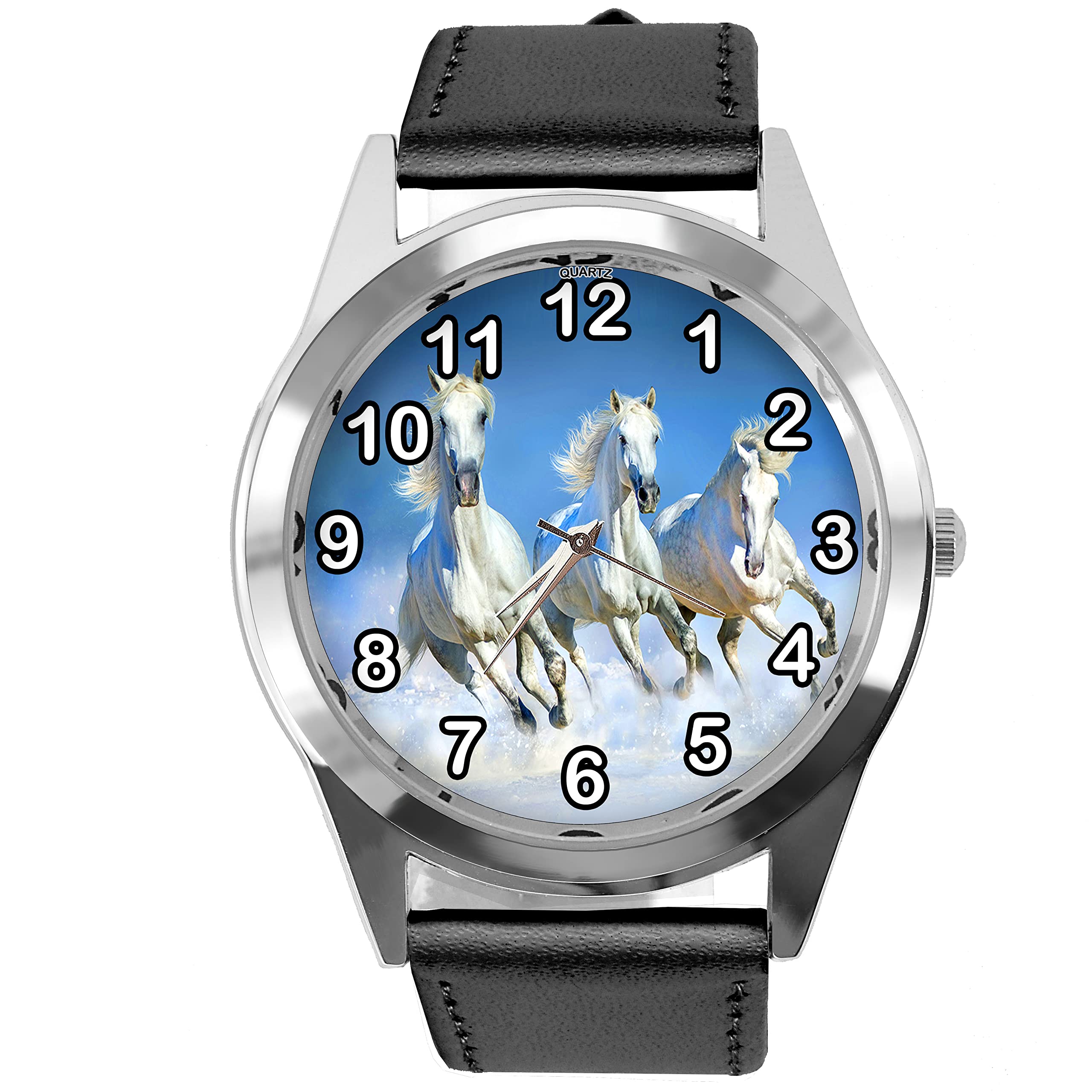 Taport Orologio Da Polso In Pelle Nera Con Quadrante Rotondo - Regalo Per Amanti Dei Cavalli