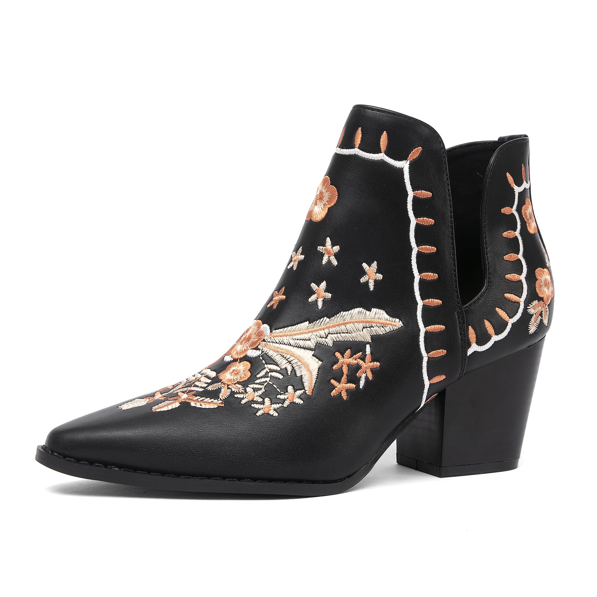 NEWBELLA Womens Cowboy Ankle Booties - Western Embroidered Cutout Boots with Pointed Toe and Chunky Heel for Country