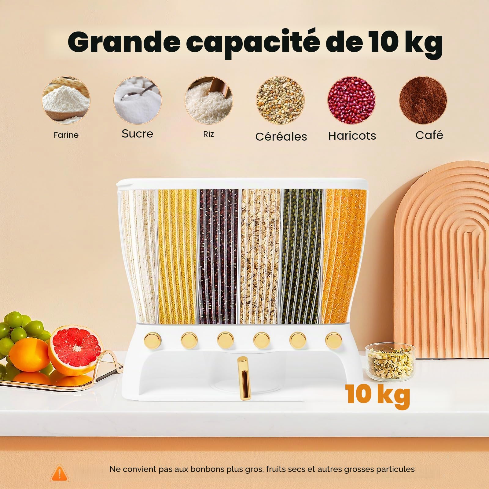 Distributeur de céréales à 6 compartiments - Récipient de stockage de céréales - Pour la cuisine - Pour céréales, noix, grains de café