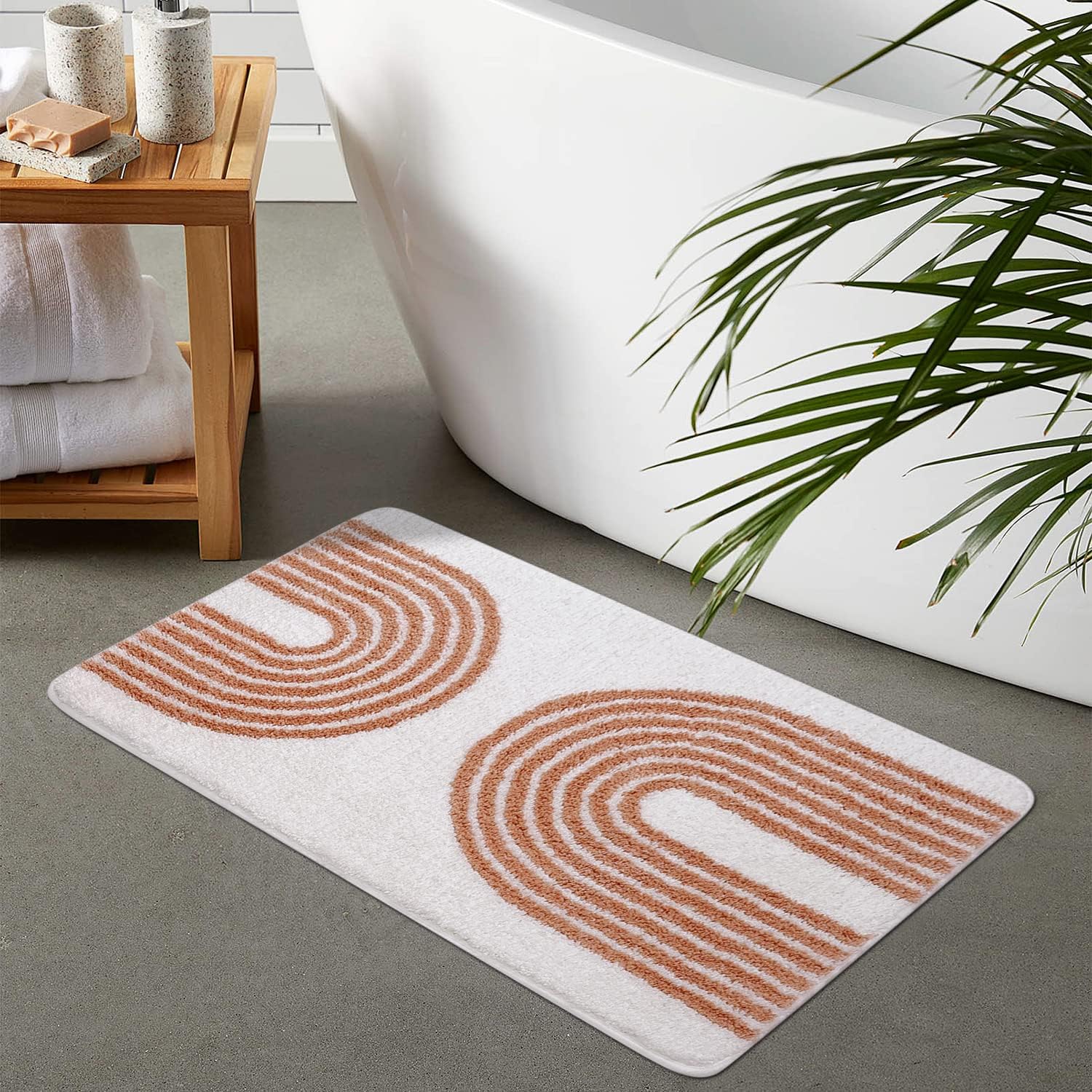 Uphome Boho Bathroom Rug White and Pink Rainbow NonSlip