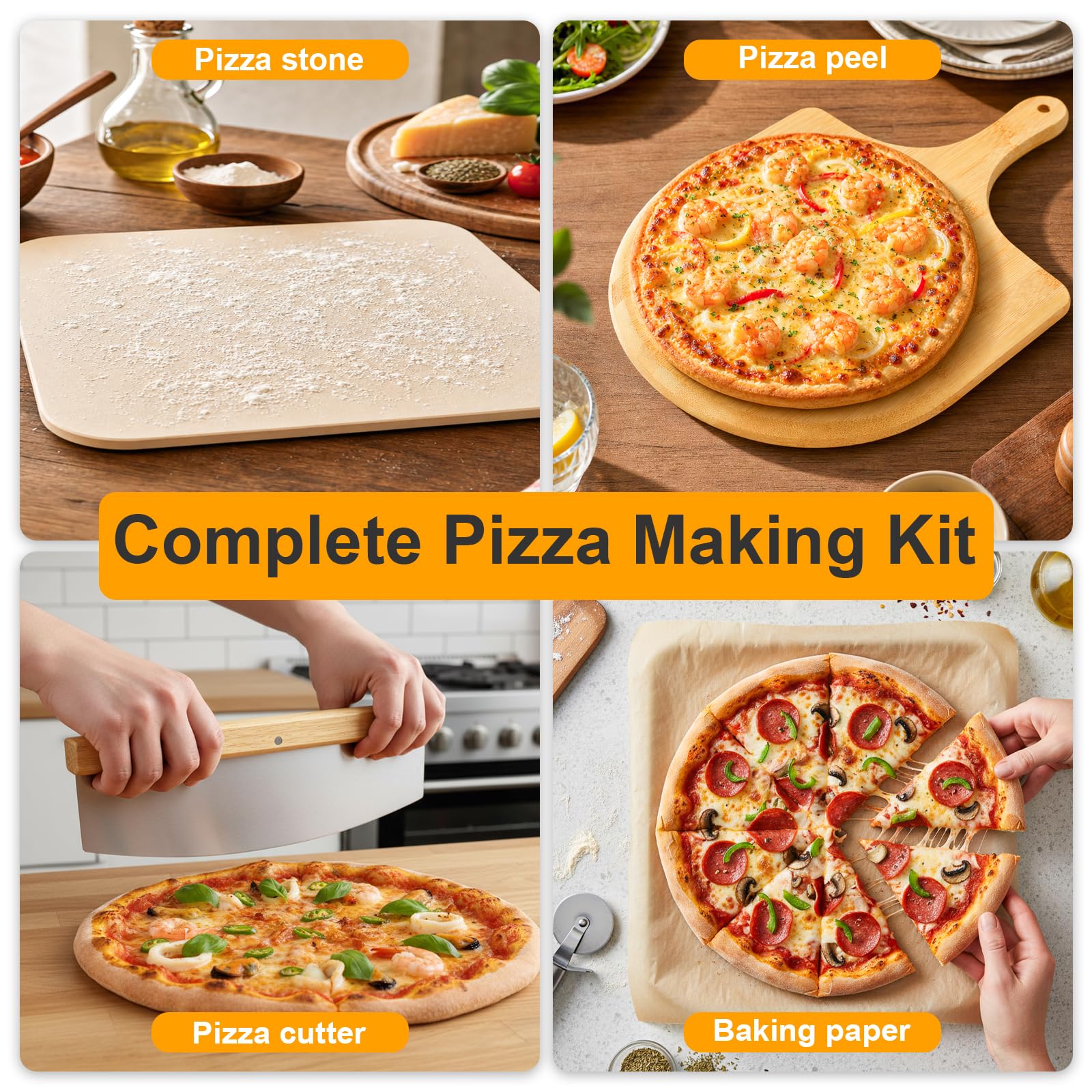 Pizzastein Set, 38x30cm Pizza Stein Rechteckig für Backofen, Gasgrill & Grill mit Pizzaschaufel aus Bambus, Pizzamesser, Antihaft-Backpapier Pizza-Zubereitungsset für knusprige Böden