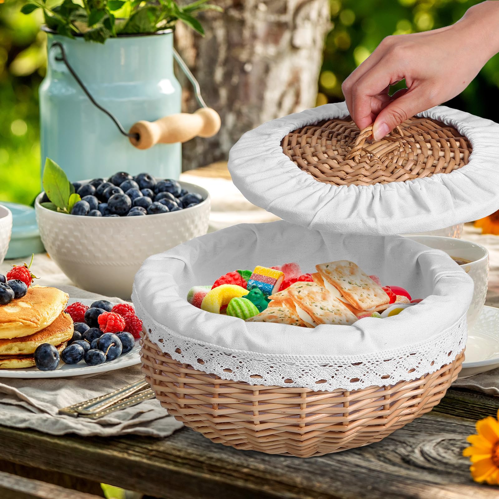 KOMBIUDA Cestino Portaoggetti per Conservare Pane in Vimini Bianco Coperchio Pasticceria e Frutta sulla Cucina o Piano di Lavoro
