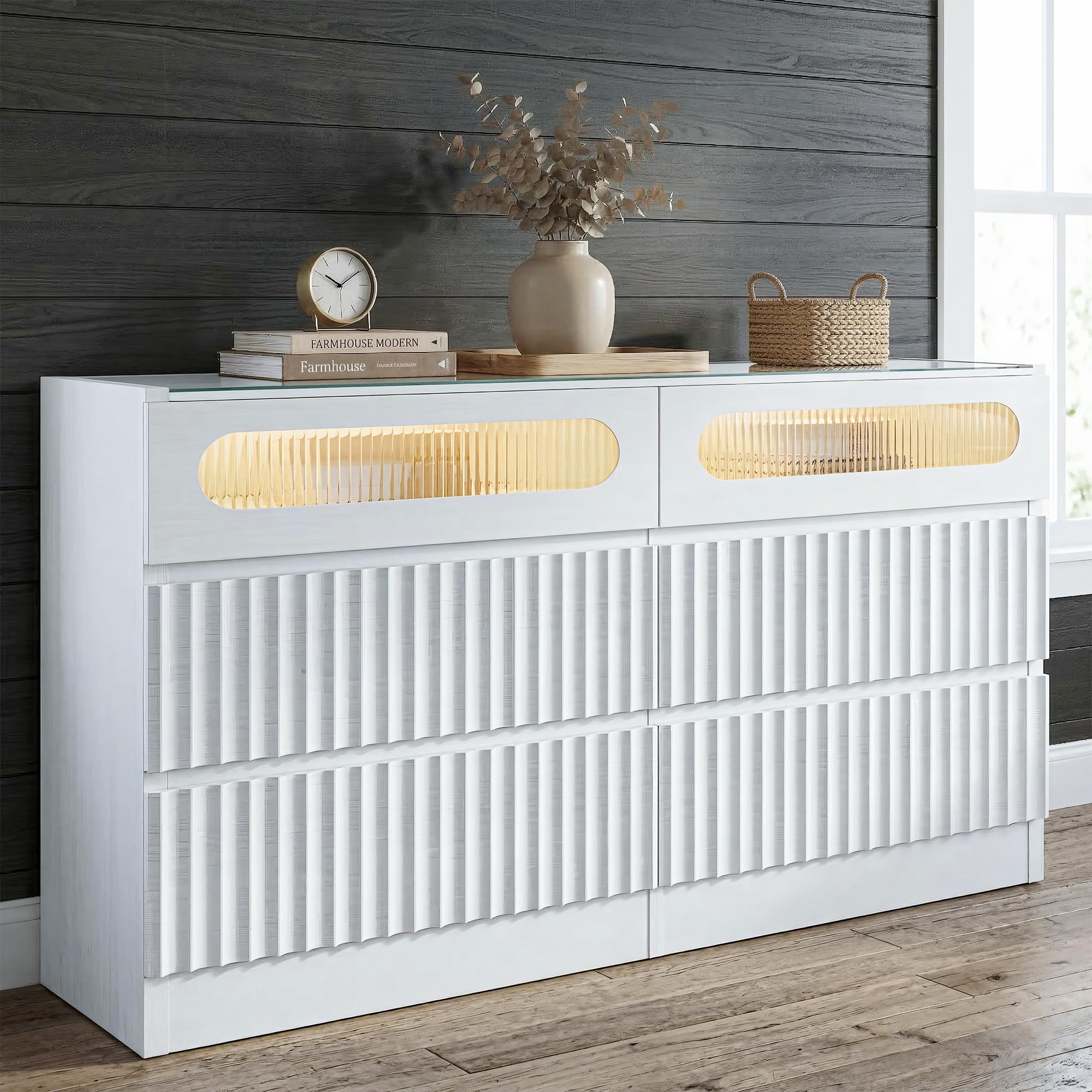 47” Wide Fluted 6 Drawer Dresser with LED Ambient Lights for Bedroom