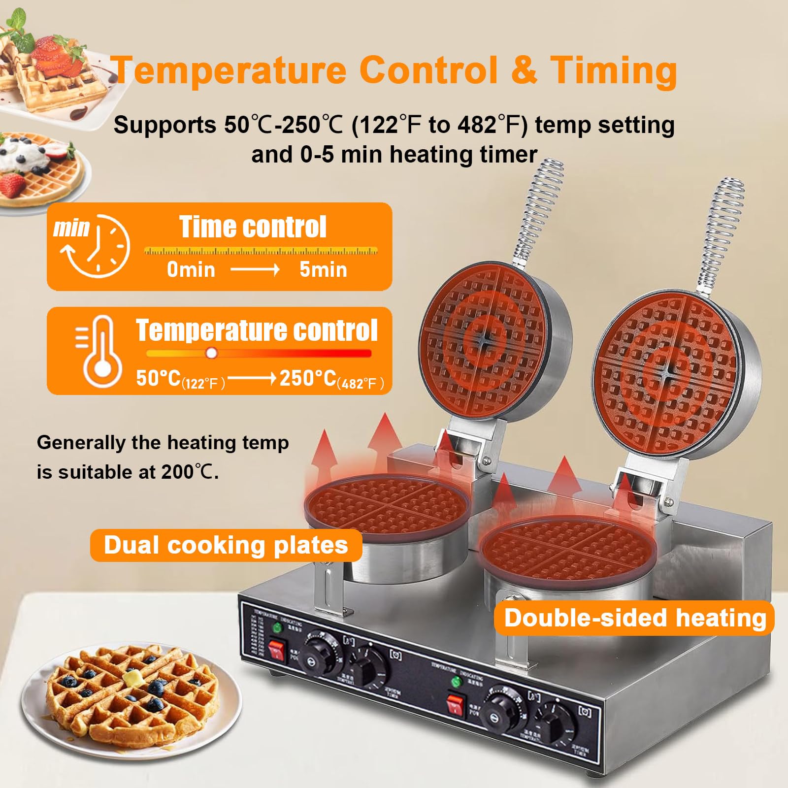 Gofrera Redonda De Alta Resistencia De 18 Cm Con Calentamiento Por Ambos Lados | Termostato Digital Y Temporizador De 50-250 °C Para Cocinas De Catering, Cafeterías Y Repostería Casera