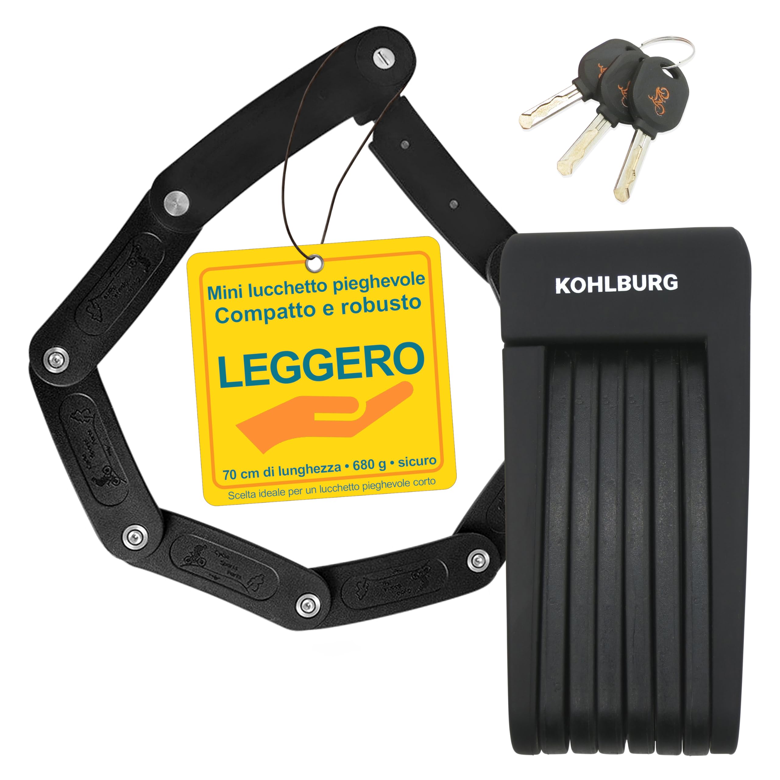 KOHLBURG Antifurto pieghevole leggero | 680g | 70cm lungo | con supporto | Lucchetto piccolo & leggero | Antifurto per biciclette in acciaio temprato | per bicicletta elettrica & monopattino elettrico