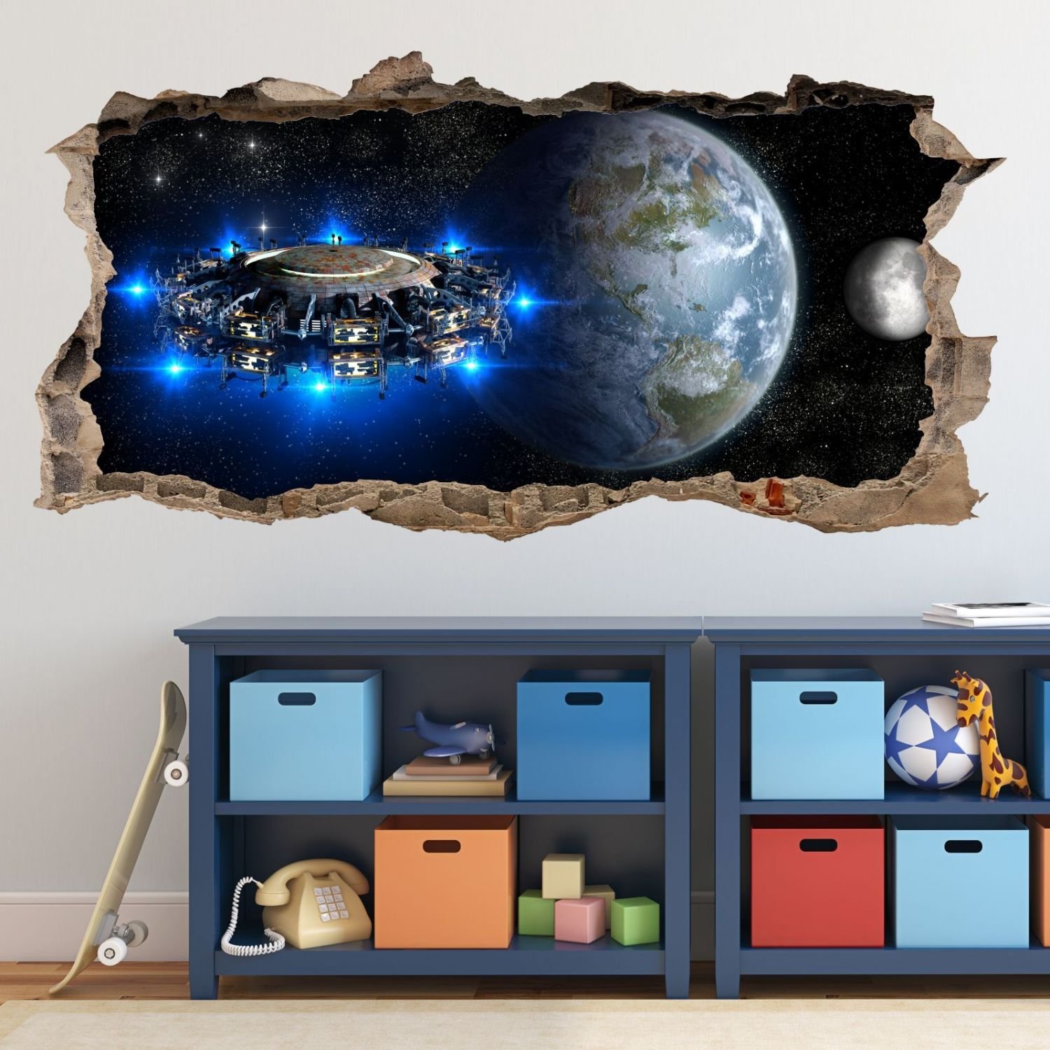 nikima – 067 Adesivo da parete con nave spaziale alieno – foro nella parete – Stazione spaziale del mondo galassia – in 6 misure – Adesivo da parete per cameretta bambini, Multicolore, 2000 x 1000 mm
