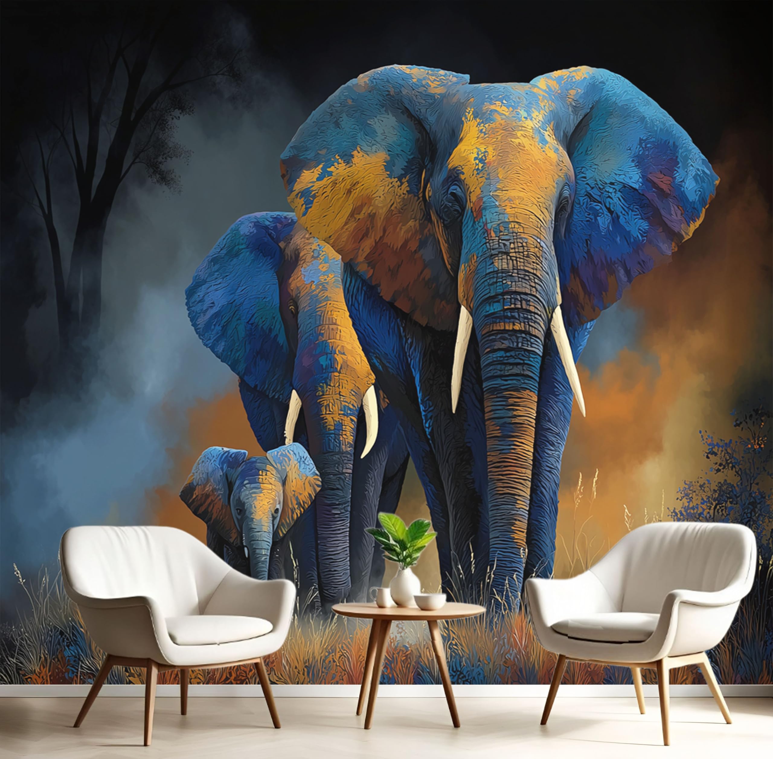 Papier peint panoramique 150x105cm éléphant bleu foncé et feuille d'or