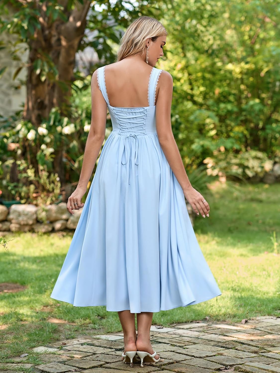 EYNMIN Floral Corset Midi Wedding Guest Dresses for Women 2026 Spring Summer Milkmaid Dress Lace Up Flowy A Line Sundress - Image 3