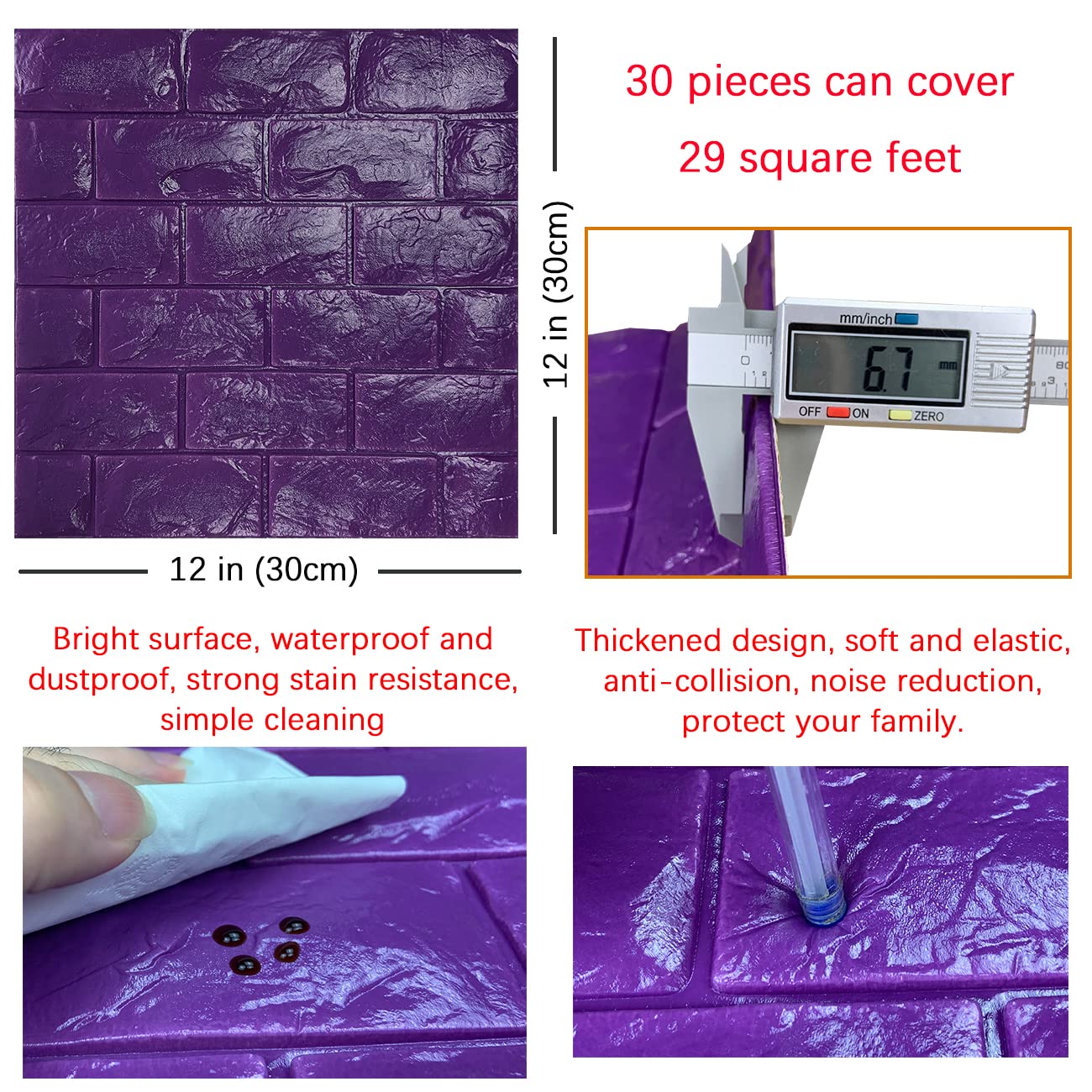 Paneles de pared 3D para despegar y pegar, papel tapiz de espuma de ladrillo sintético, autoadhesivos, paneles de pared de piedra sintética (30 unidades, morado)