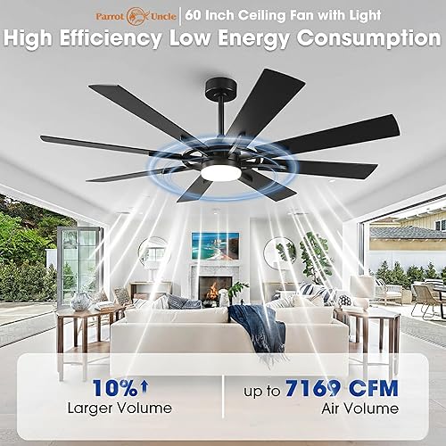 Miniatura 3 de Parrot Uncle Ventiladores de techo con luces y control remoto, ventilador de techo de 60 pulgadas para dormitorio, iluminación rústica negra,