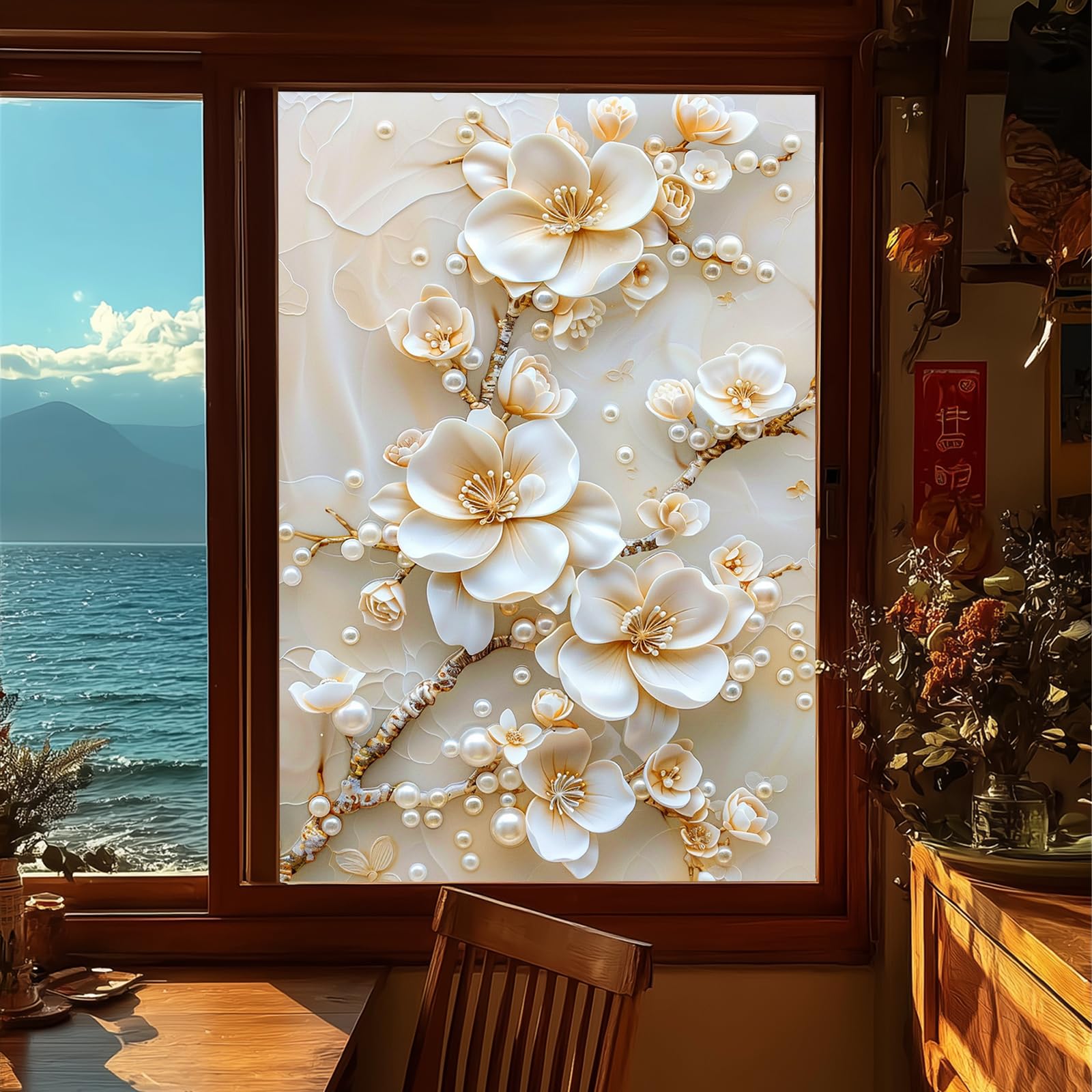 Film décoratif pour fenêtre fleurs blanches 78,7x119,3 cm
