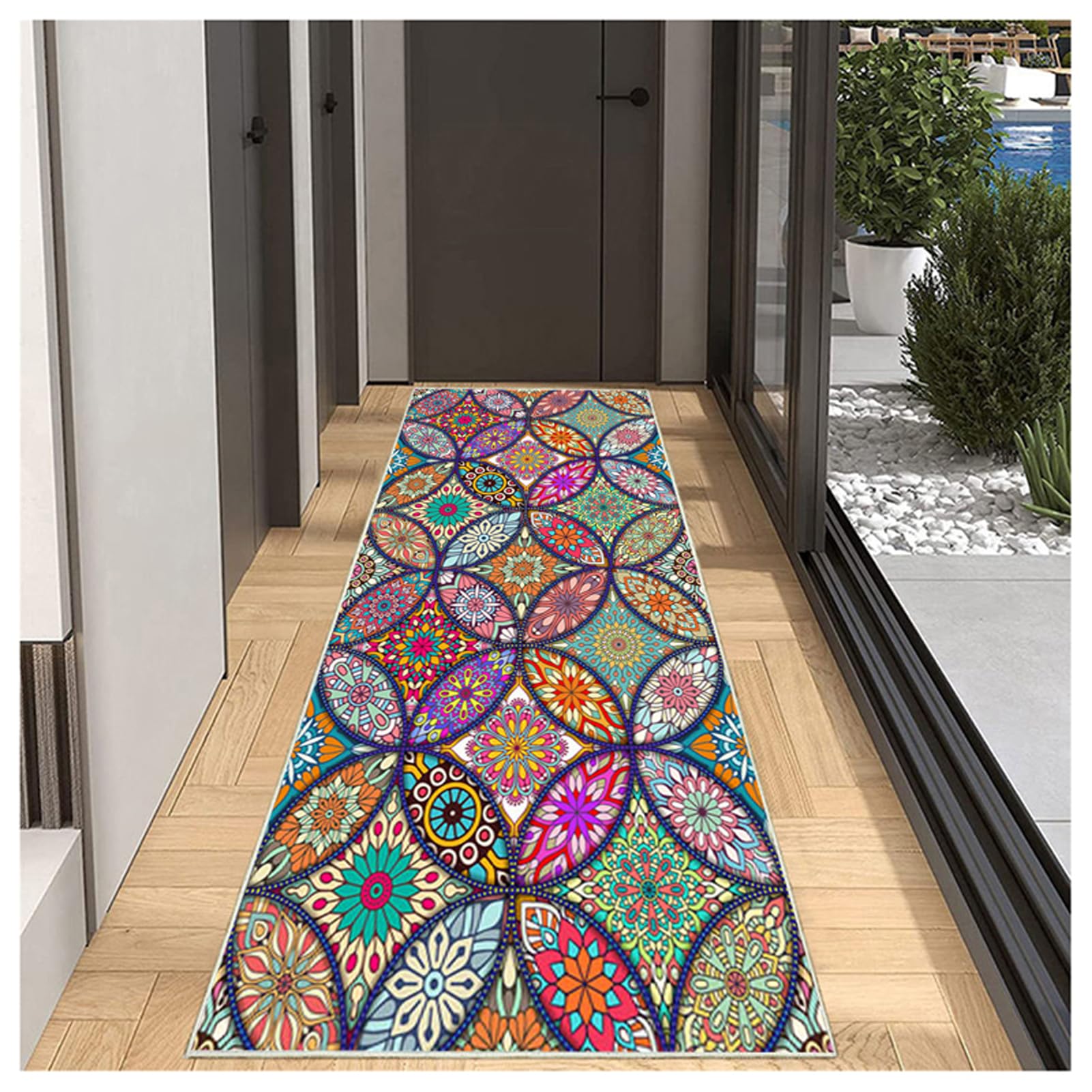 Läufer Flur 60x350cm waschbarer Kurzflor-Teppich–Rutschfester Teppich mit Gummirücken für Schlafzimmer,Küche,Entryway – Bunt & marokkanisch inspiriert – Wäsche Daneben & Meterware anpassbar