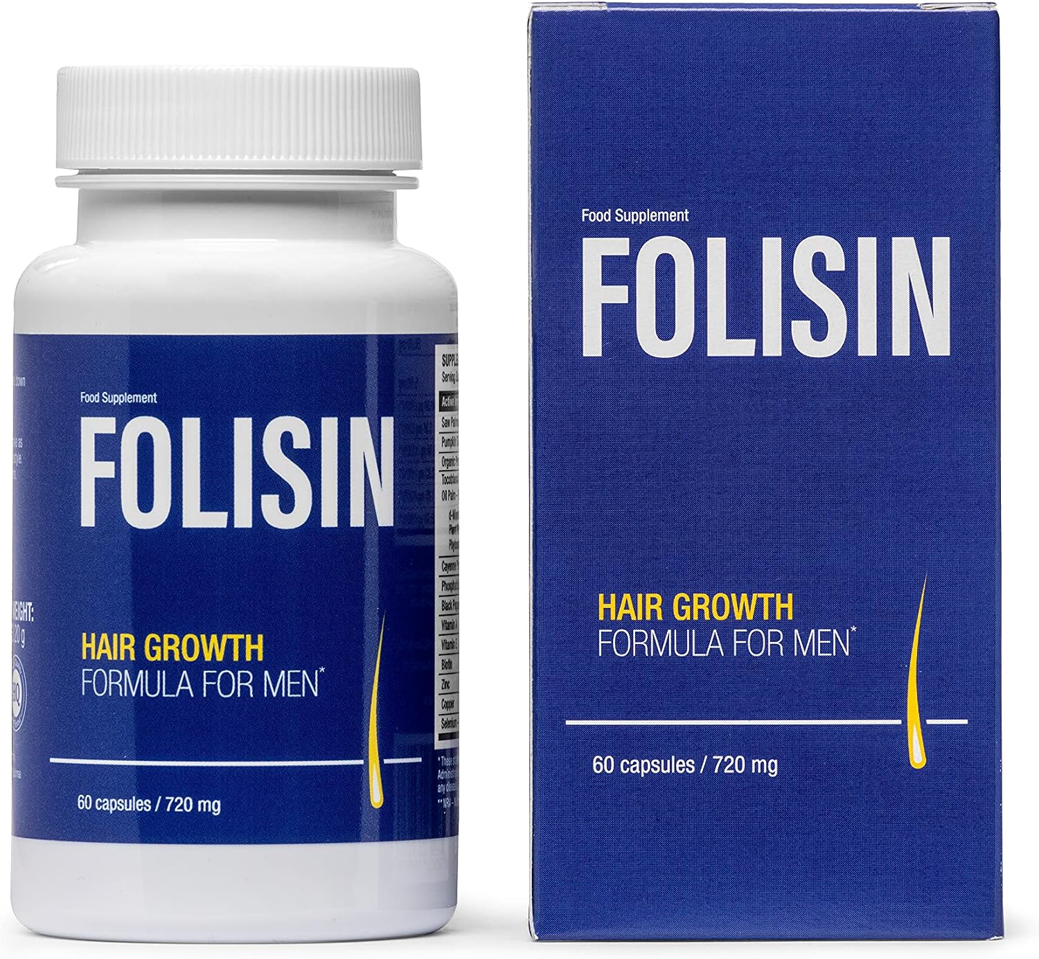 Folisin - Premium Hair Growth Formula Supplement for Men, Support Healthy Hair and Natural Colour, 100% Natural &amp; Organic Ingredients, gluten