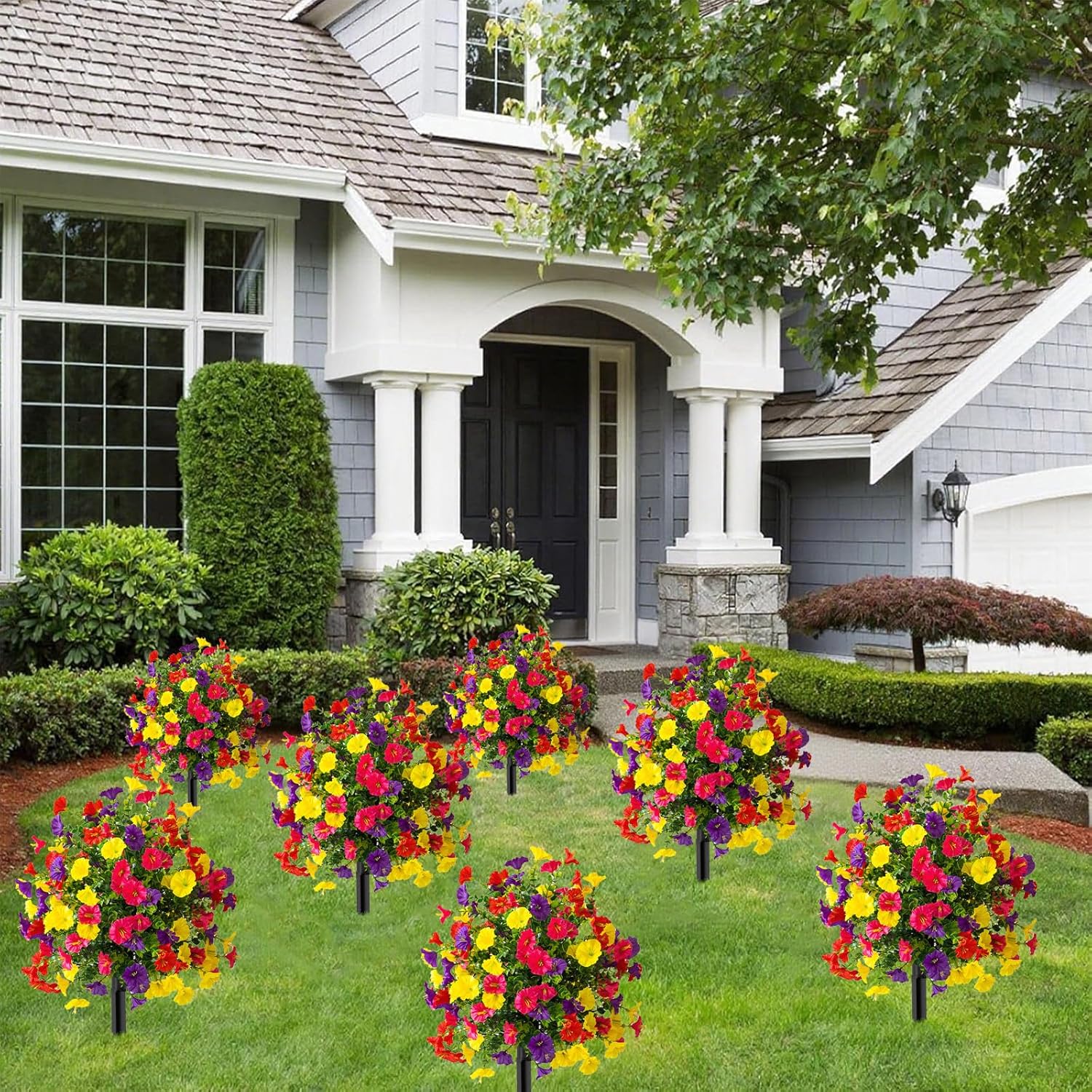 Artificial Morning Glory Topiary Ball Trees, 2 Set of Silk Colorful Resistant Realistic Faux Flowers with Ground Spike, Fake Plants for Planter Porch Patio Yard Garden (Purple, Red, Rose Red, Yellow)