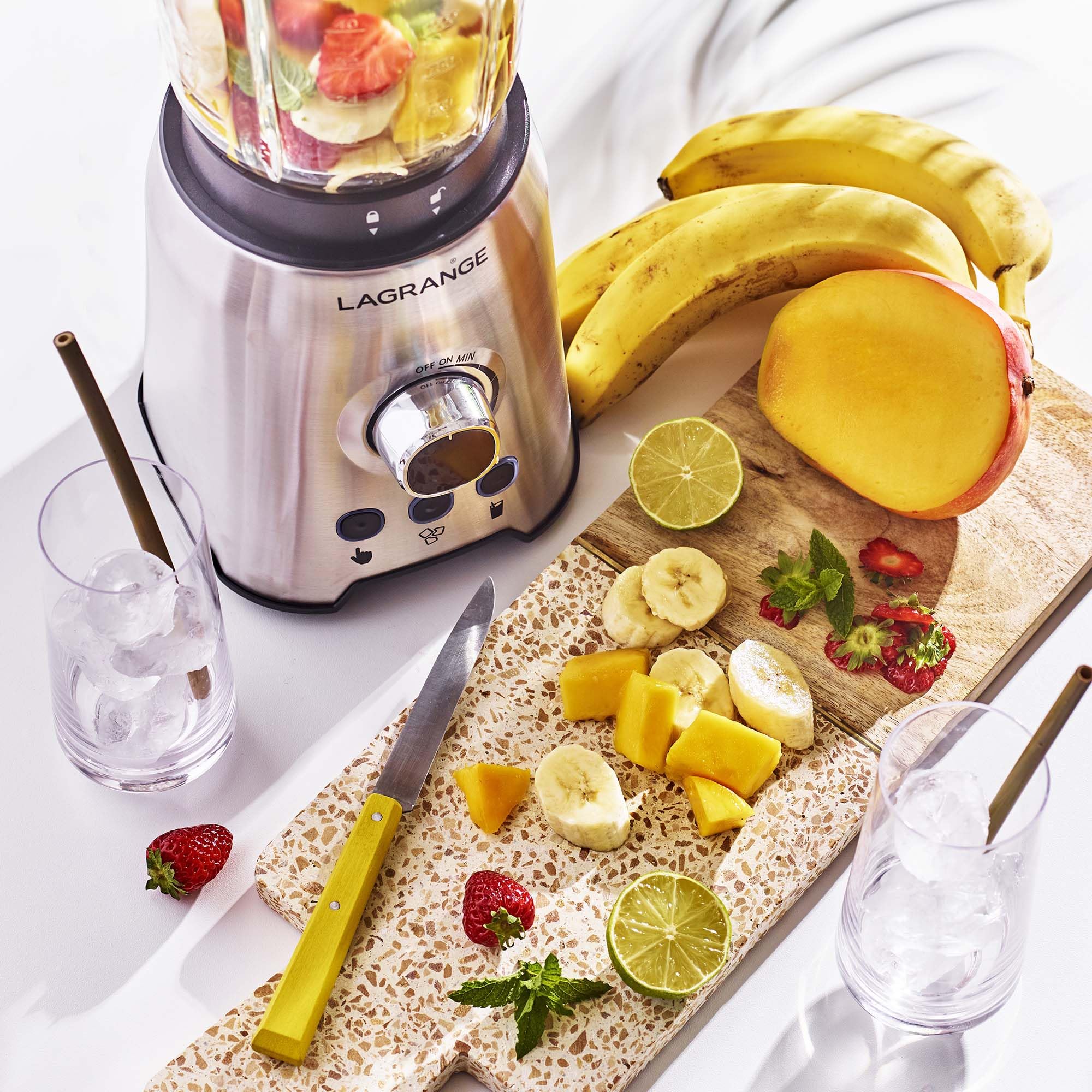 LAGRANGE, Blender Inox, 1200 W, 2 L, Bol en verre thermoresistant, 6 lames en inox, Molette de réglage de la vitesse, 3 programmes, 609021